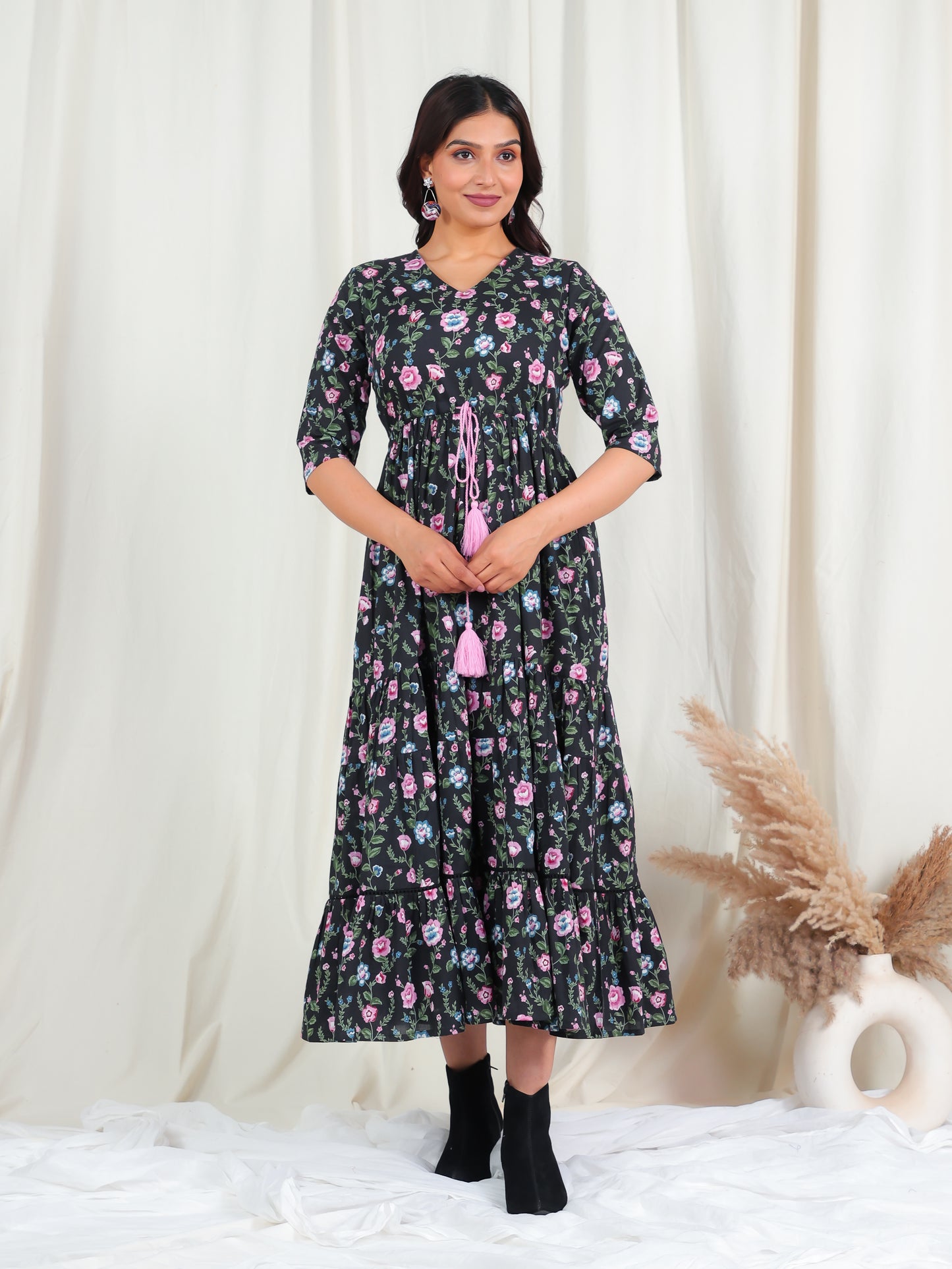 Soft Cotton Floral A-line Black Dress