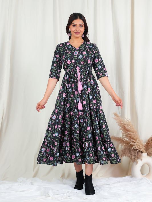 Soft Cotton Floral A-line Black Dress