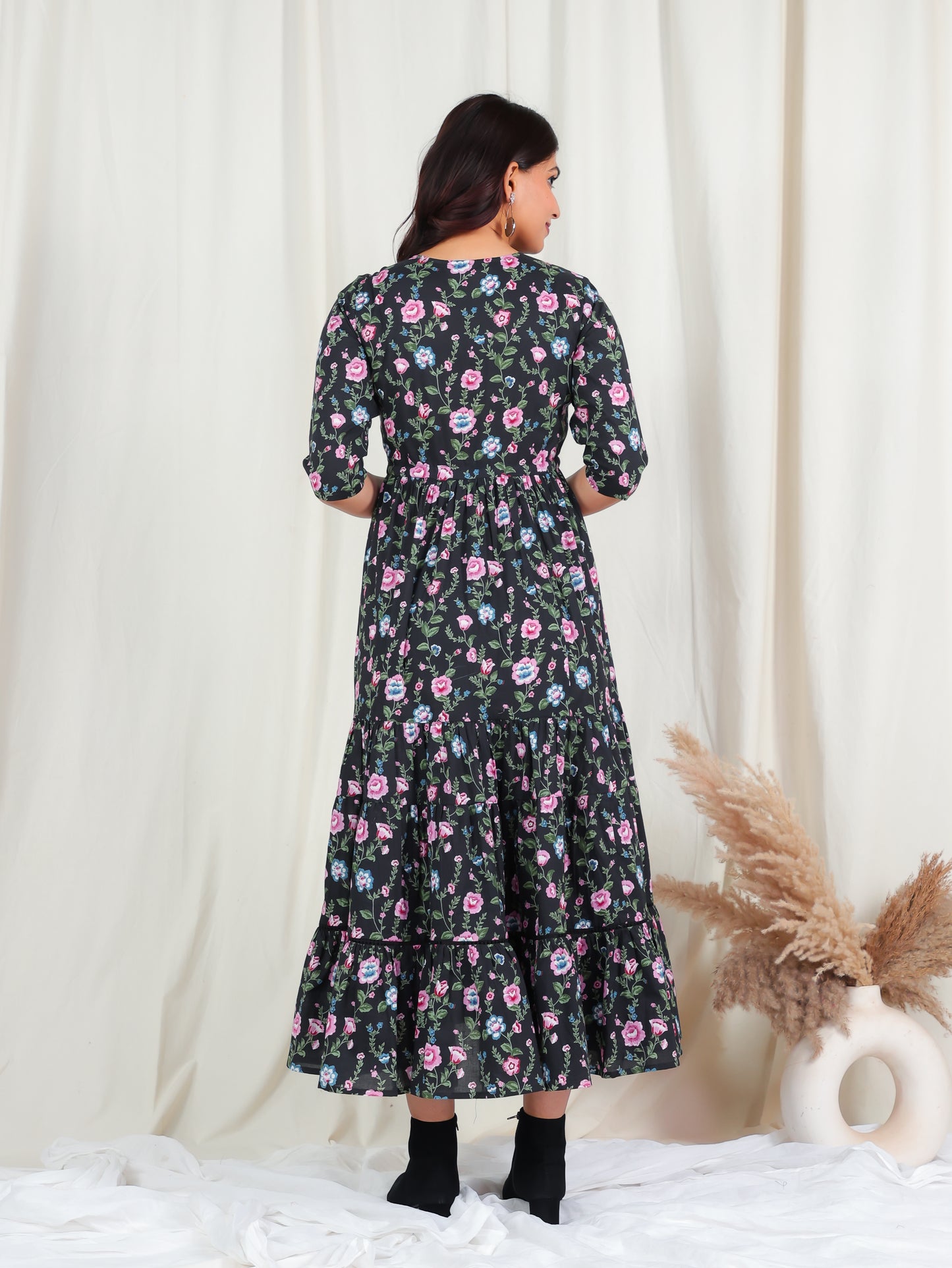 Soft Cotton Floral A-line Black Dress