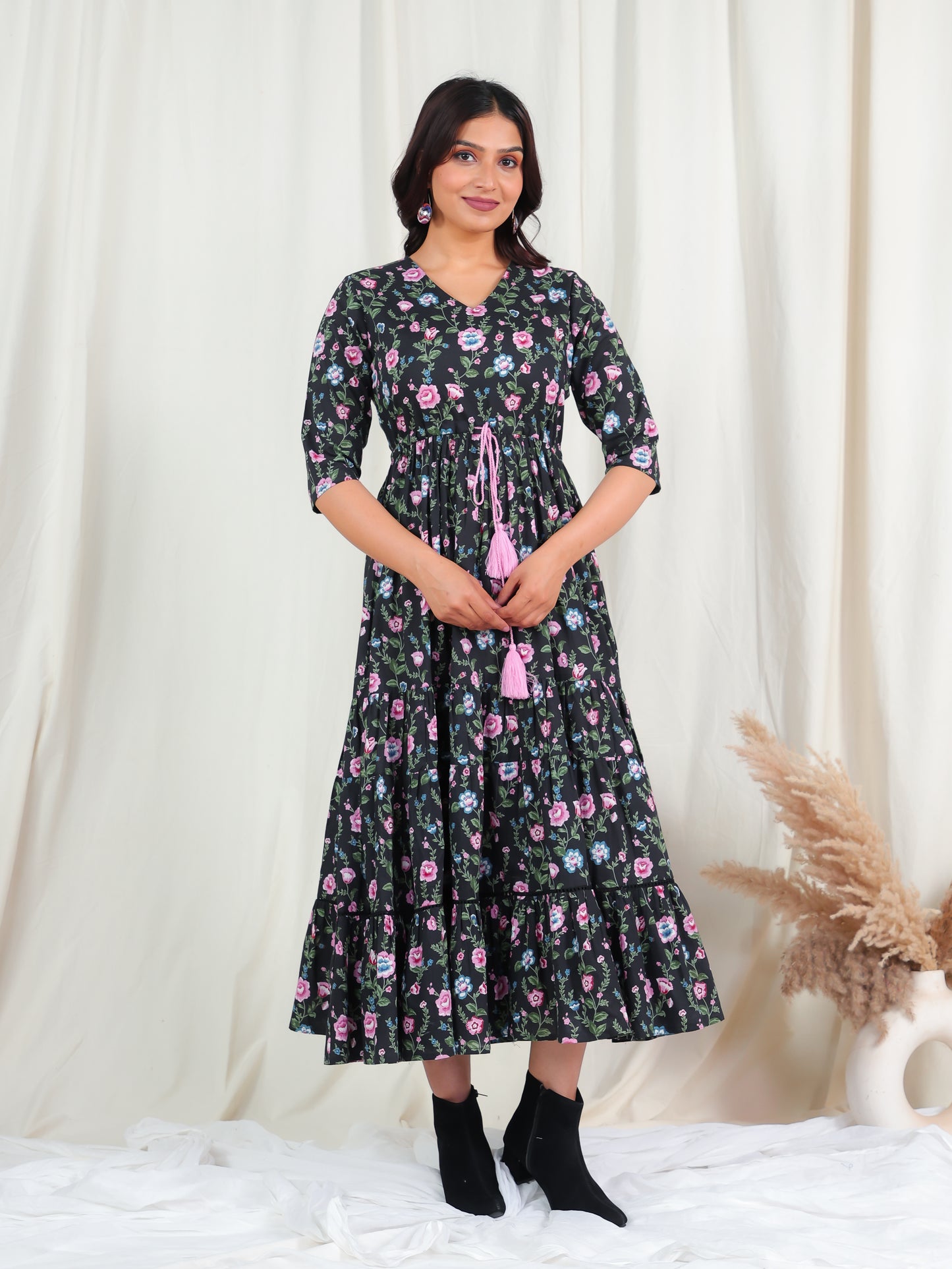 Soft Cotton Floral A-line Black Dress