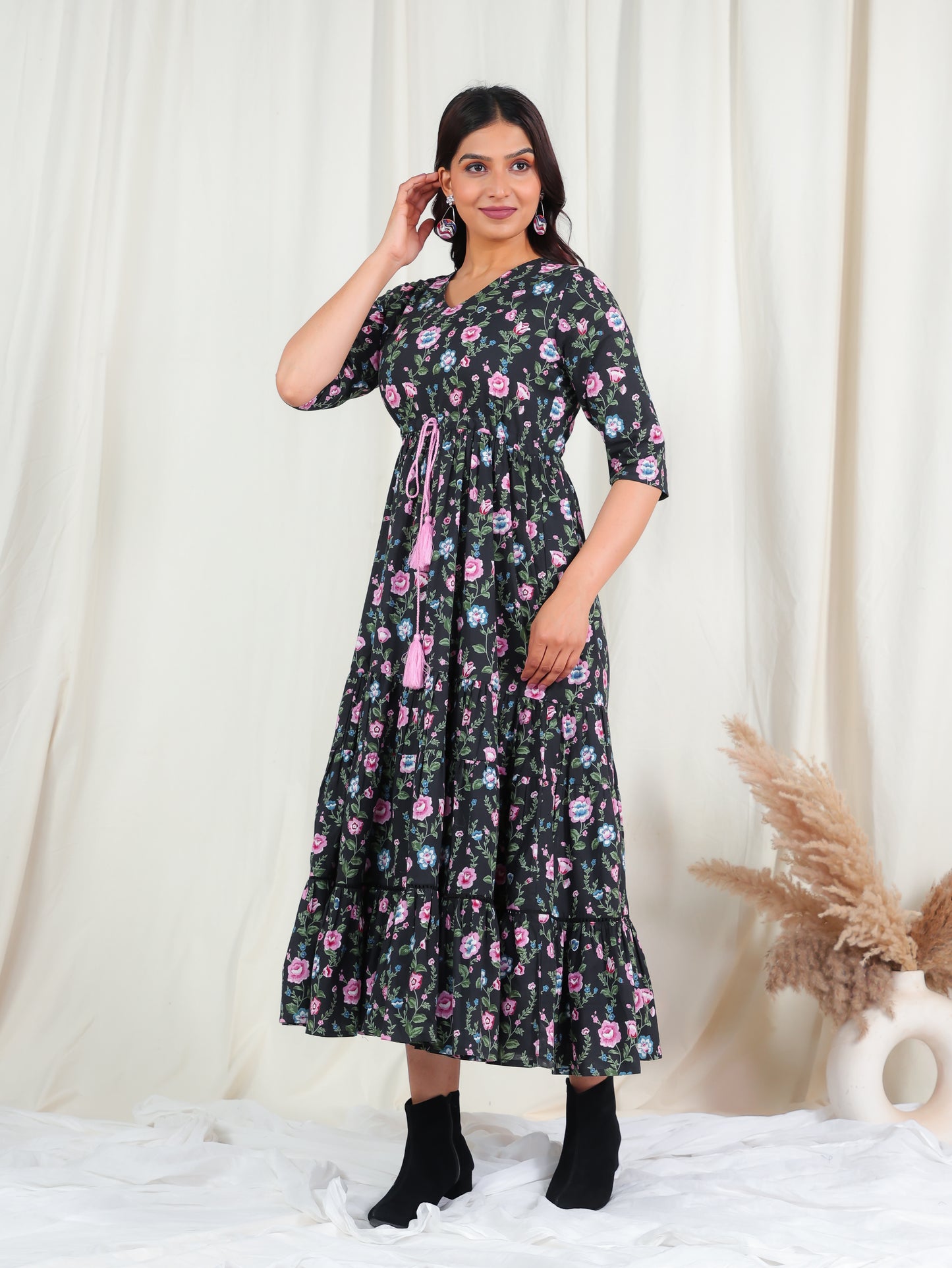 Soft Cotton Floral A-line Black Dress