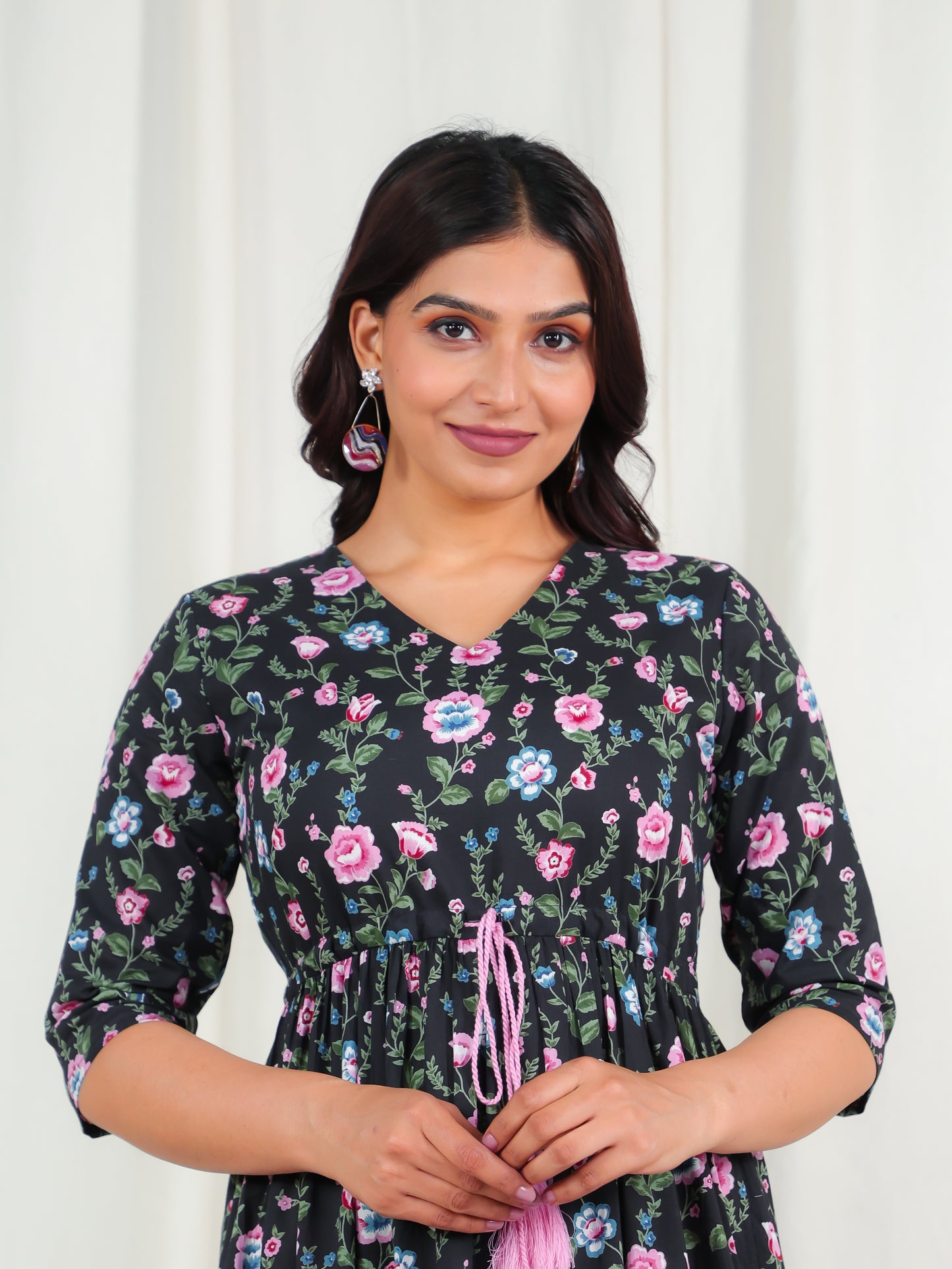 Soft Cotton Floral A-line Black Dress