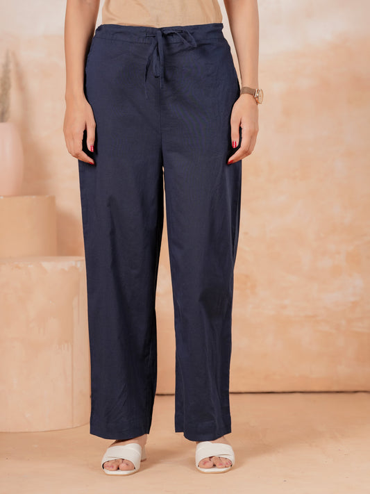 Soft Cotton Solid Blue Straight Trousers