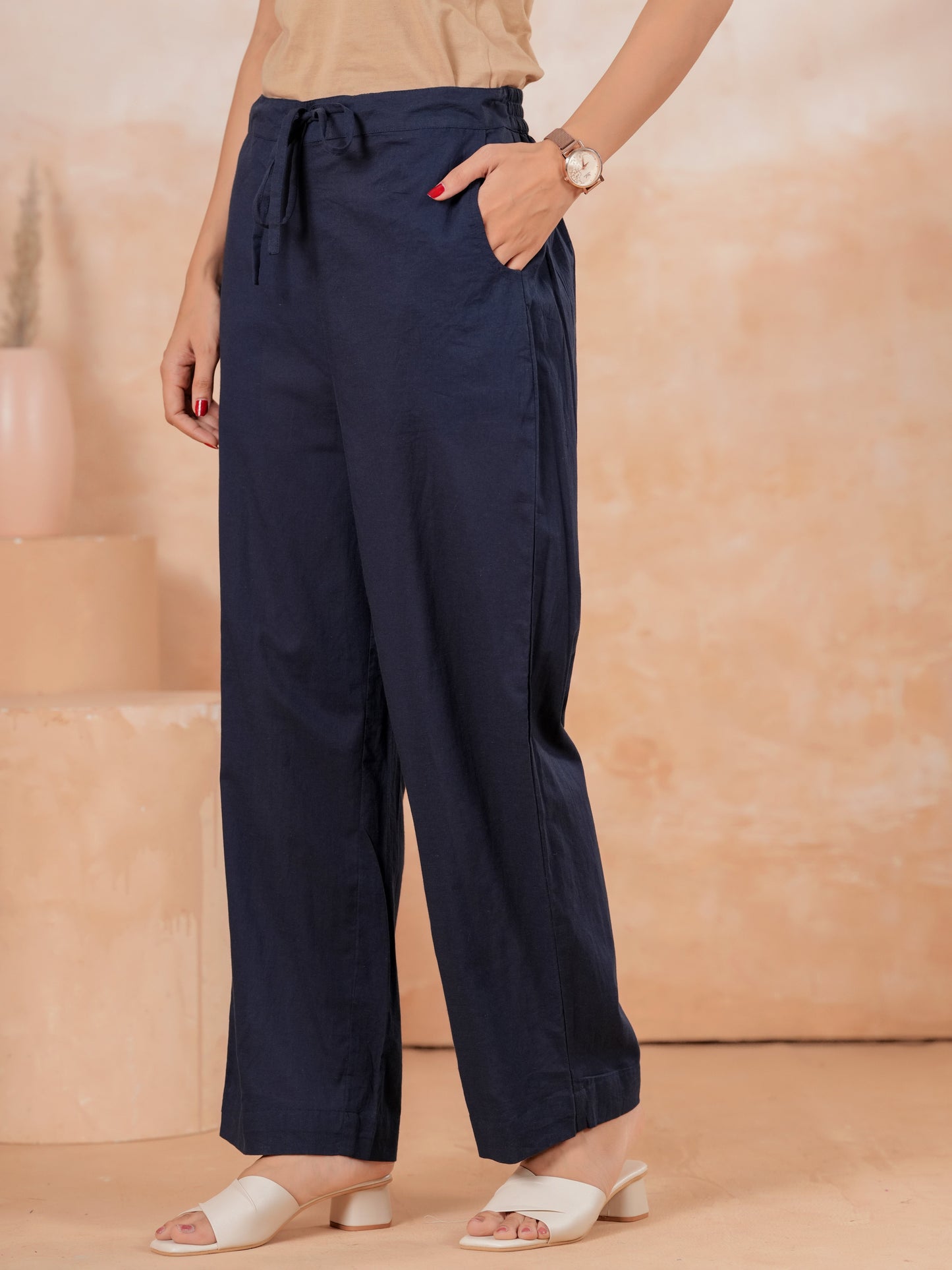 Soft Cotton Solid Blue Straight Trousers