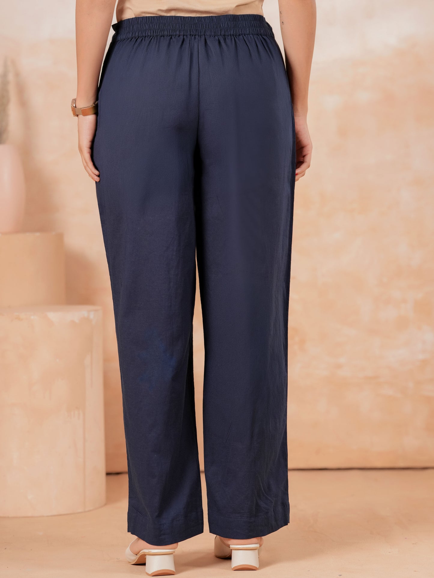 Soft Cotton Solid Blue Straight Trousers