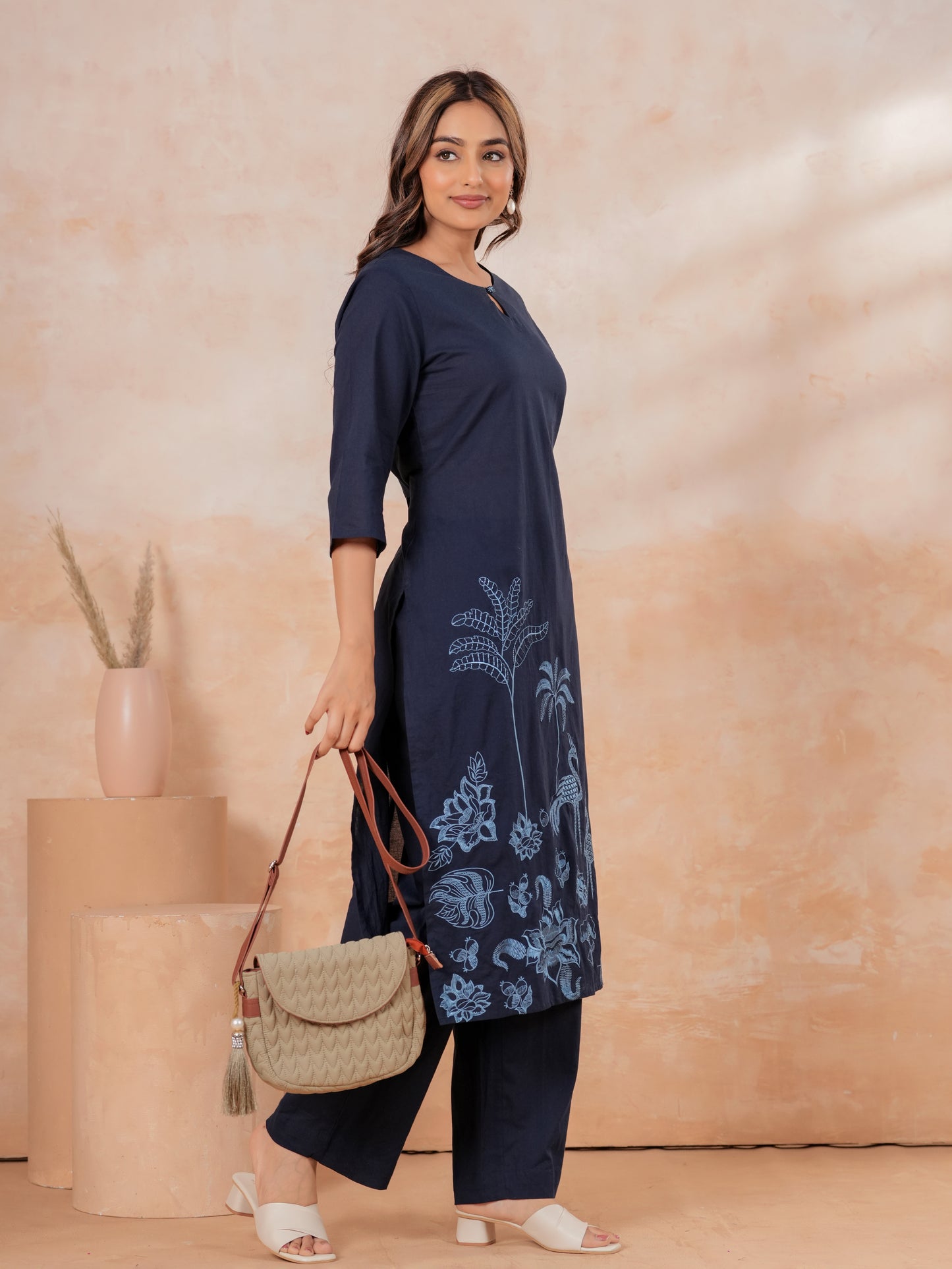 Embroidered Soft Cotton Solid Straight Blue Kurta