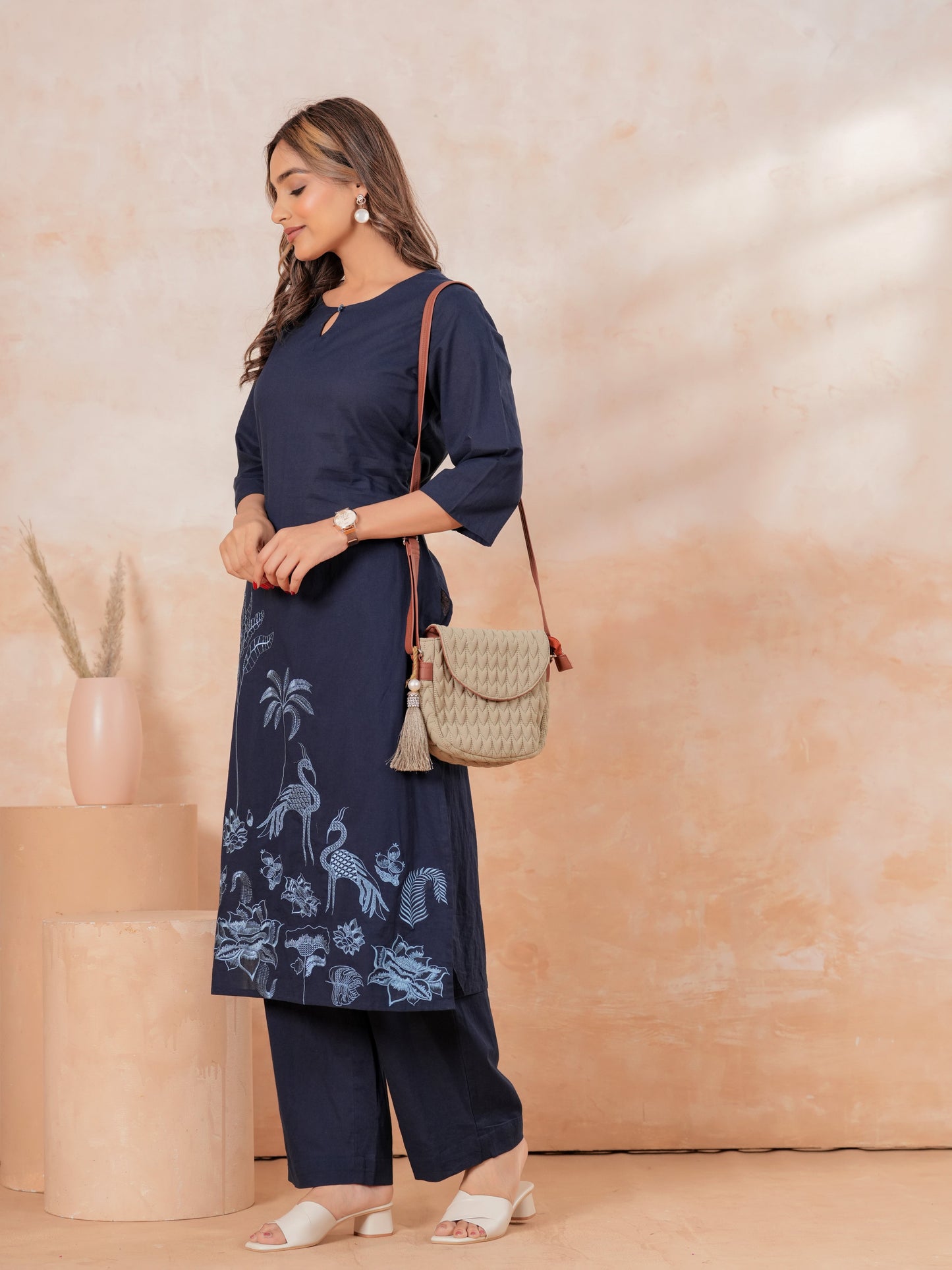 Embroidered Soft Cotton Solid Straight Blue Kurta
