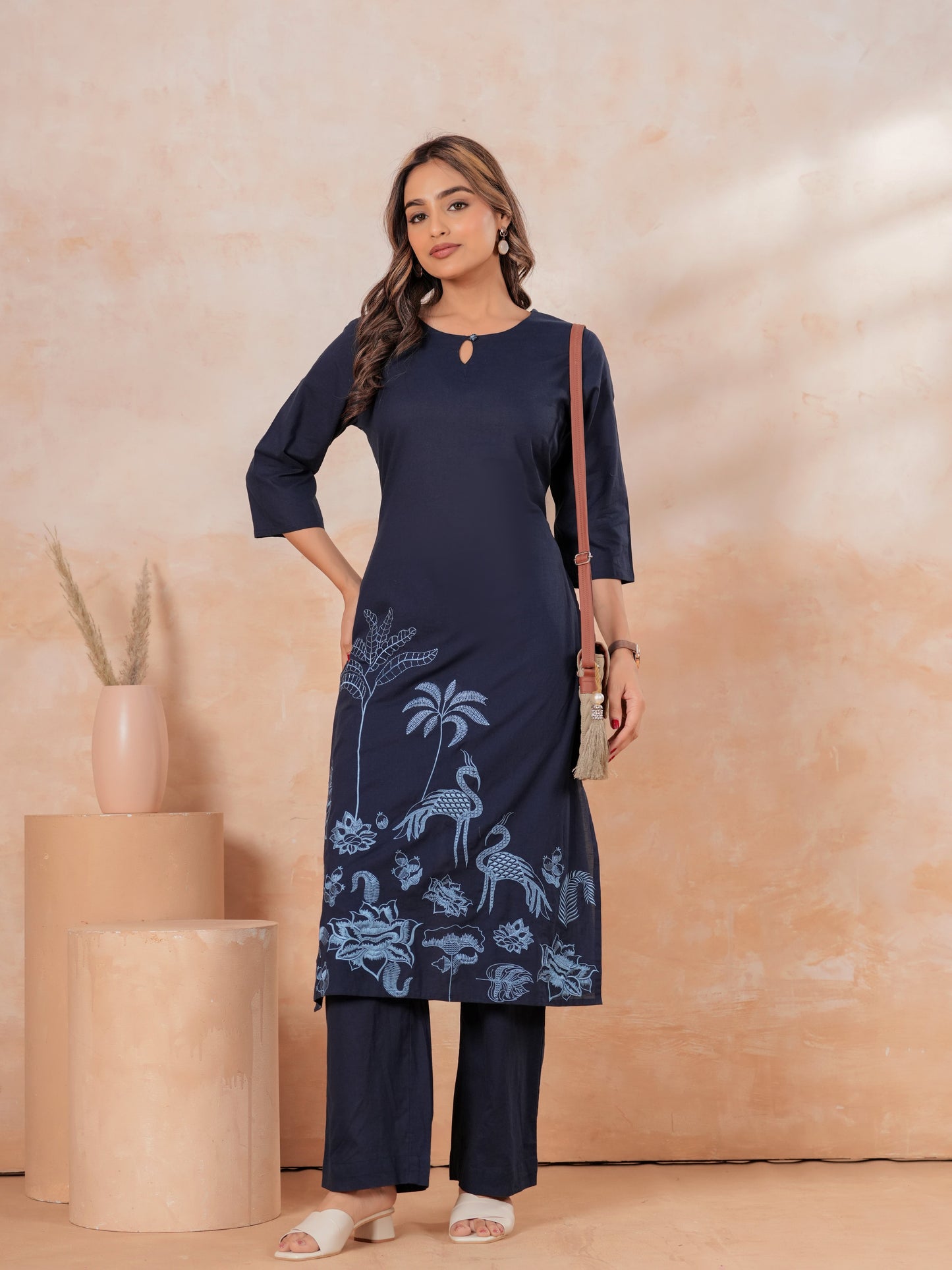 Embroidered Soft Cotton Solid Straight Blue Kurta
