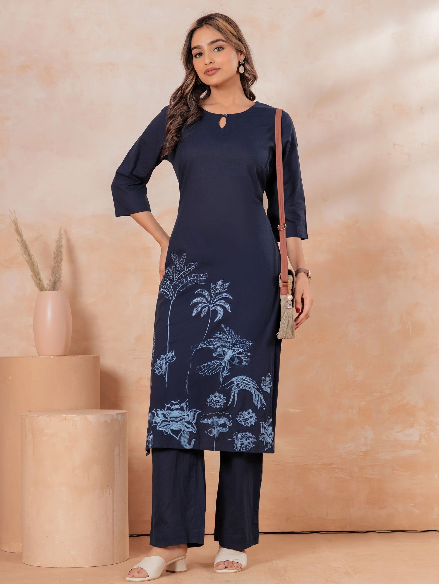 Embroidered Soft Cotton Solid Straight Blue Kurta