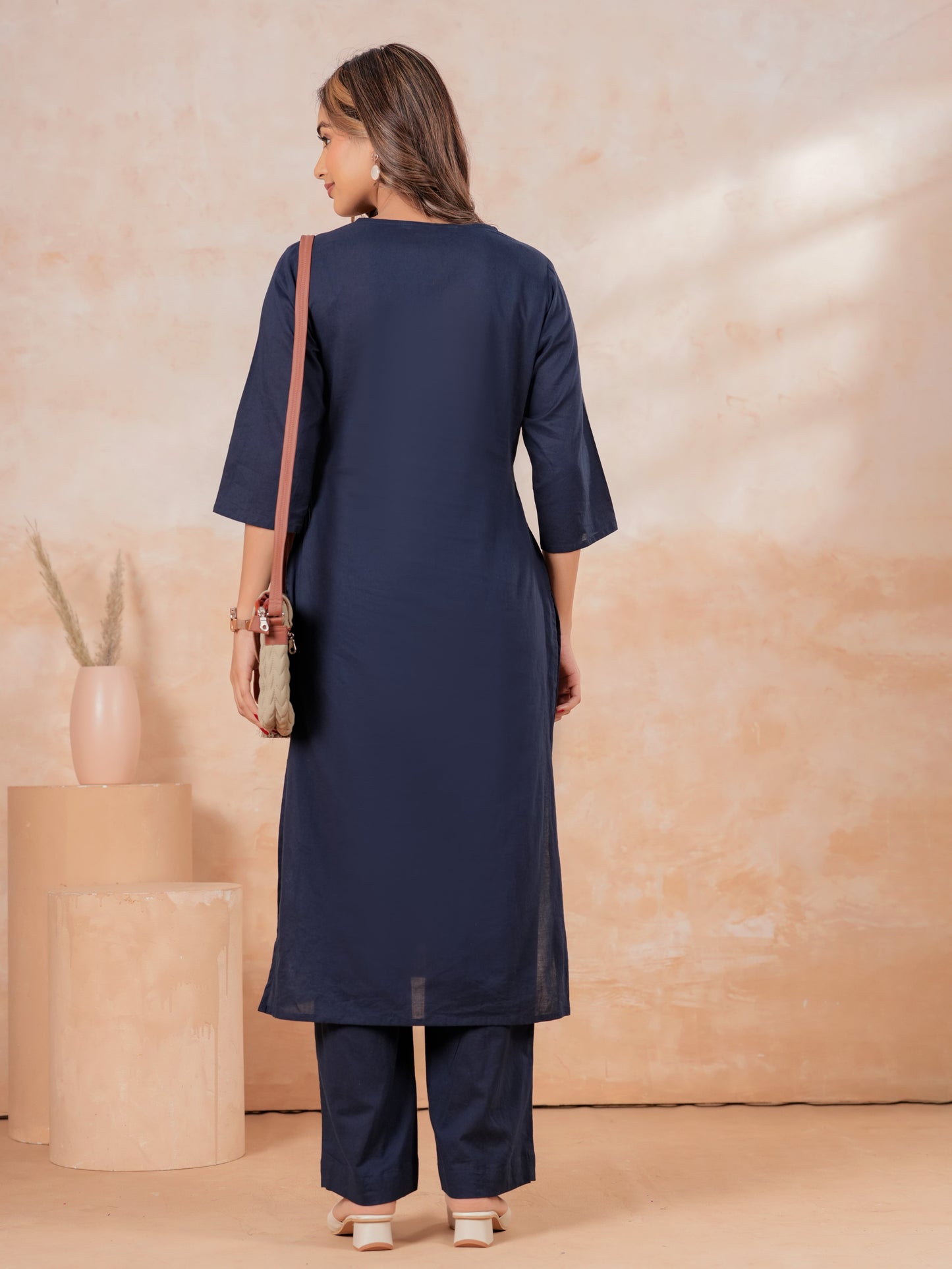 Embroidered Soft Cotton Solid Straight Blue Kurta