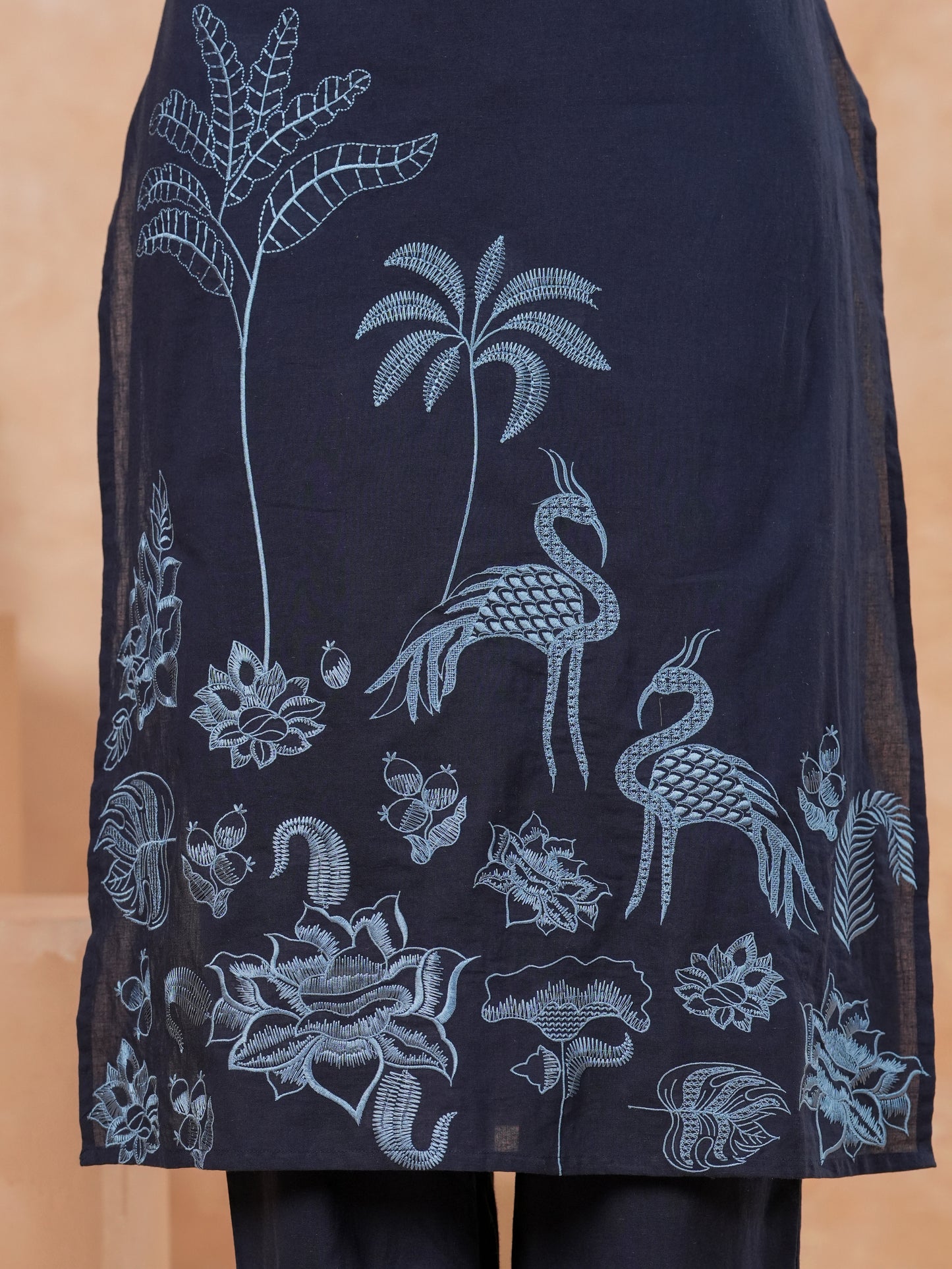 Embroidered Soft Cotton Solid Straight Blue Kurta