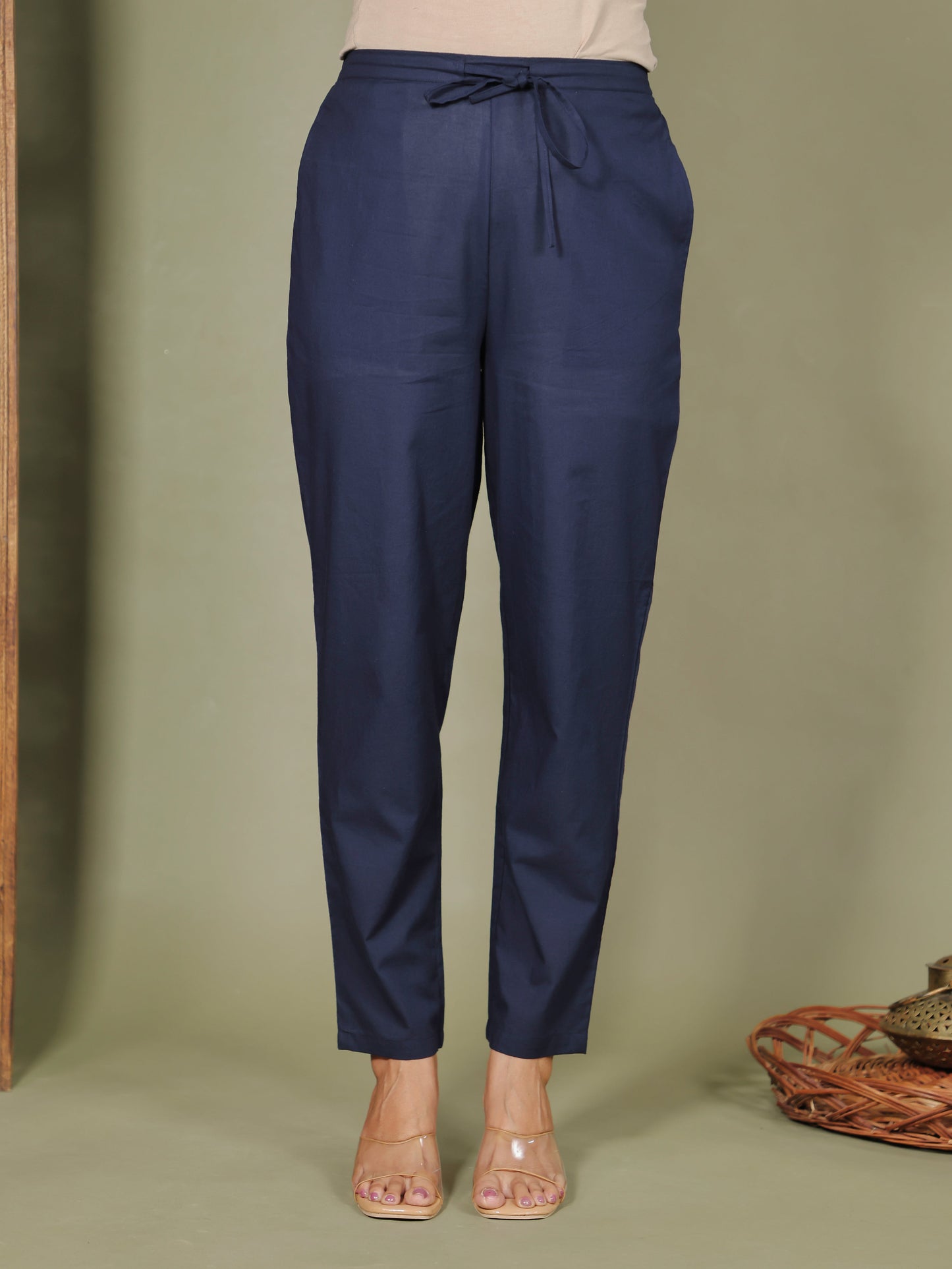 Soft Cotton Solid Blue Tapered Trousers
