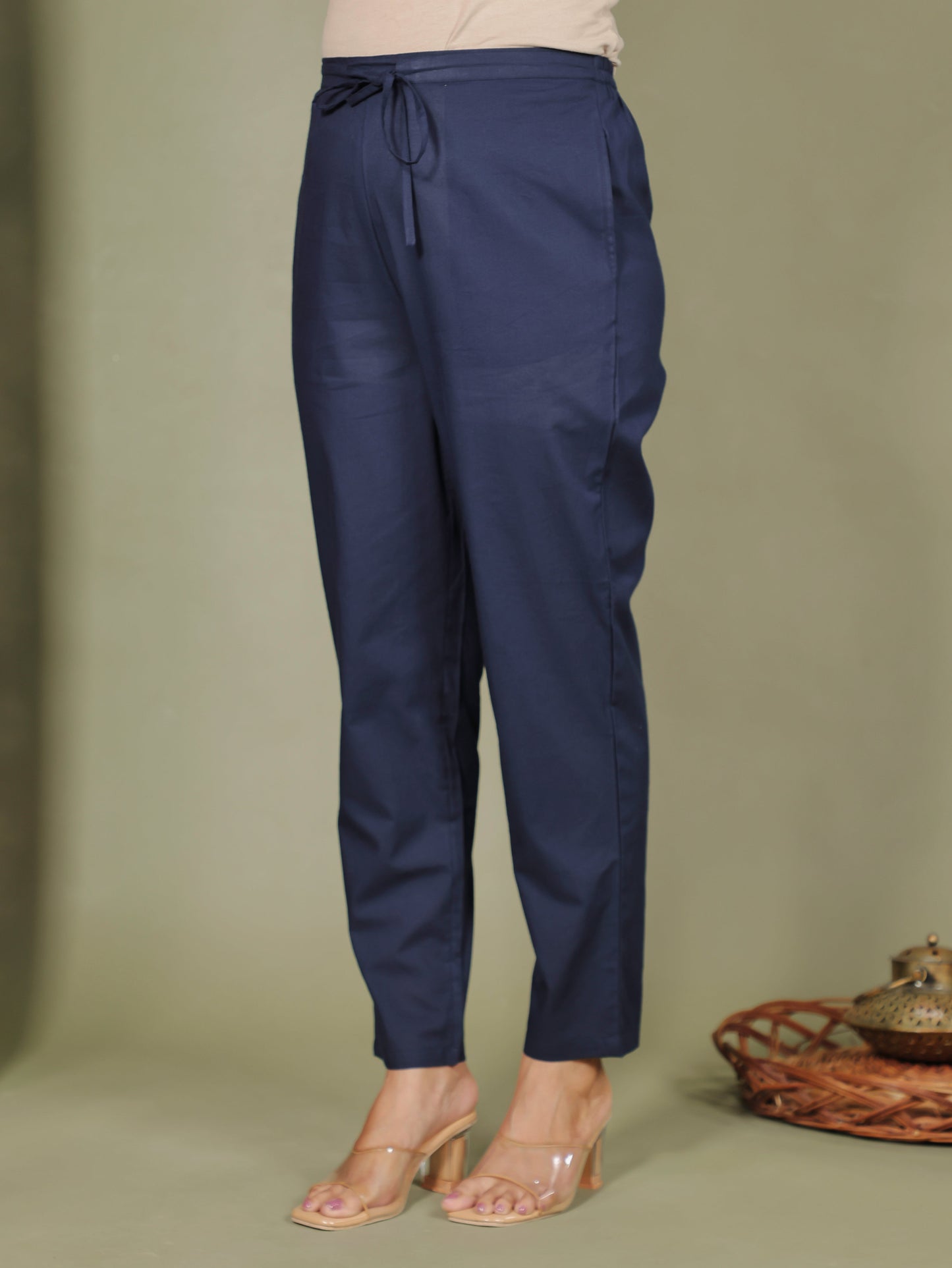Soft Cotton Solid Blue Tapered Trousers