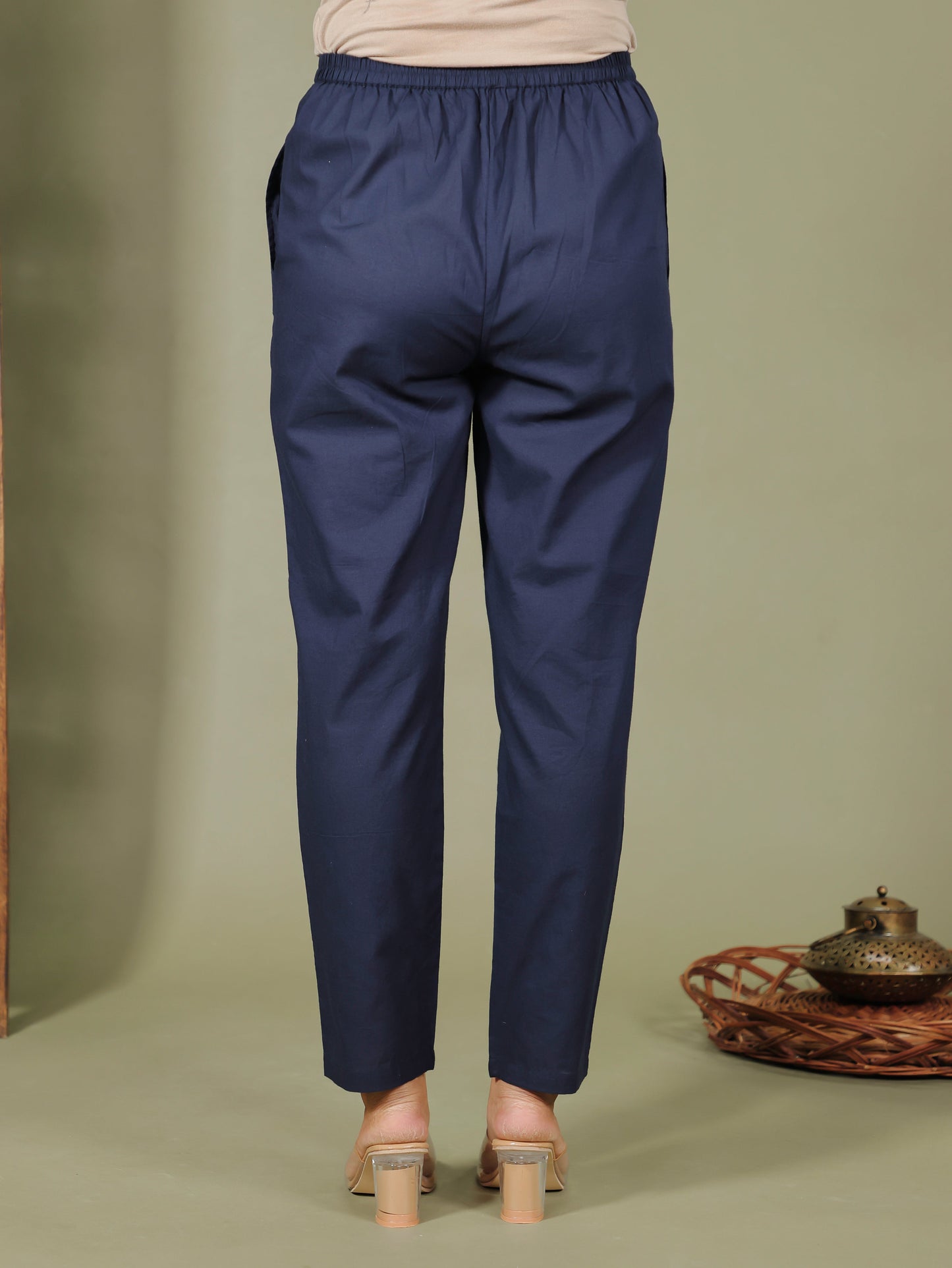 Soft Cotton Solid Blue Tapered Trousers