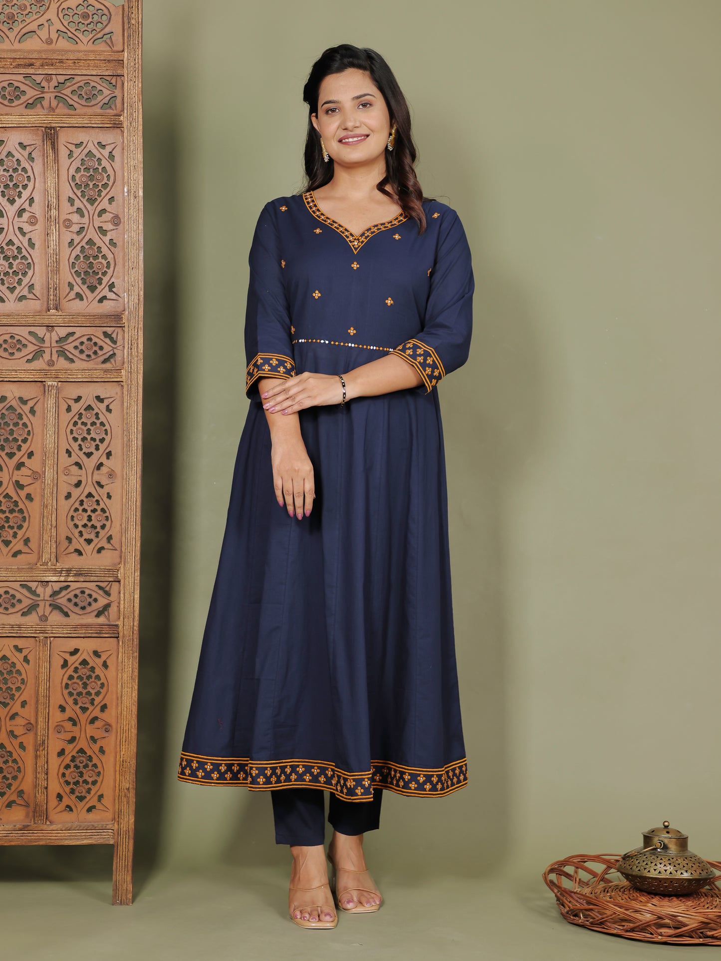 Embroidered Soft Cotton Solid Flared Blue Kurta