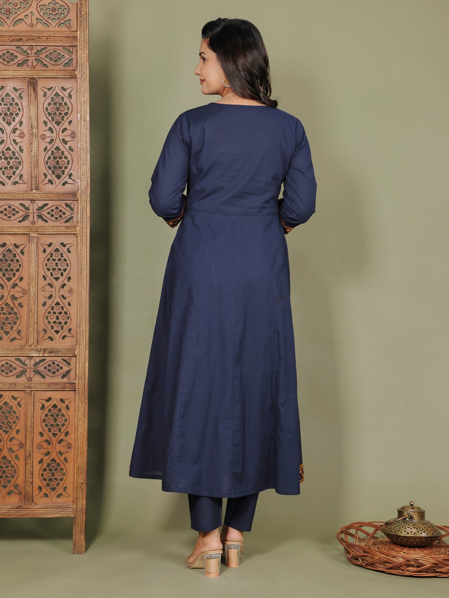 Embroidered Soft Cotton Solid Flared Blue Kurta