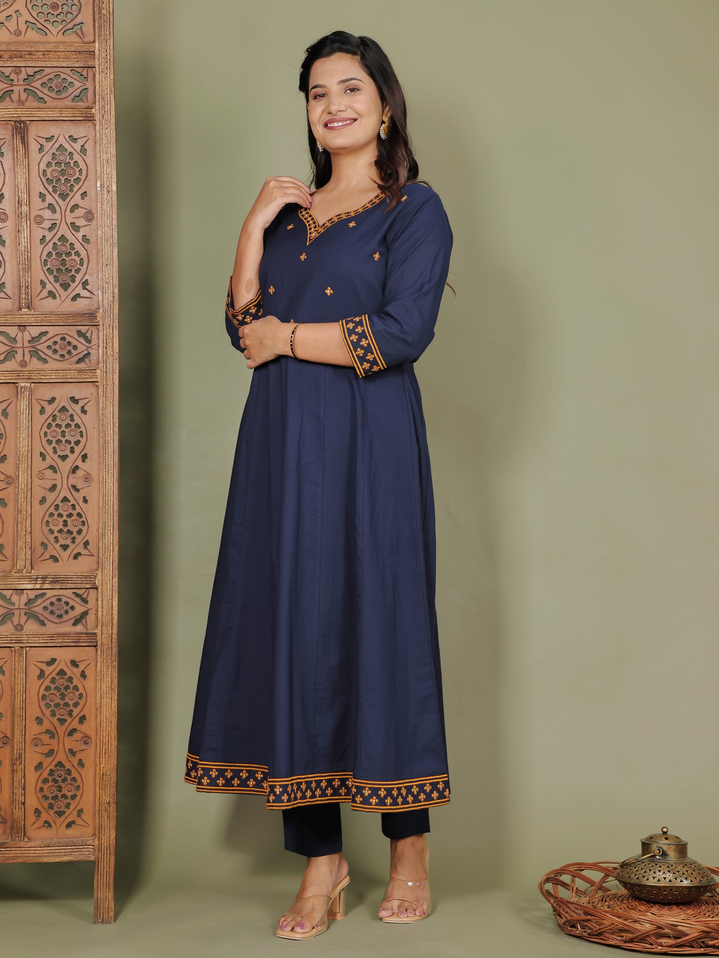 Embroidered Soft Cotton Solid Flared Blue Kurta