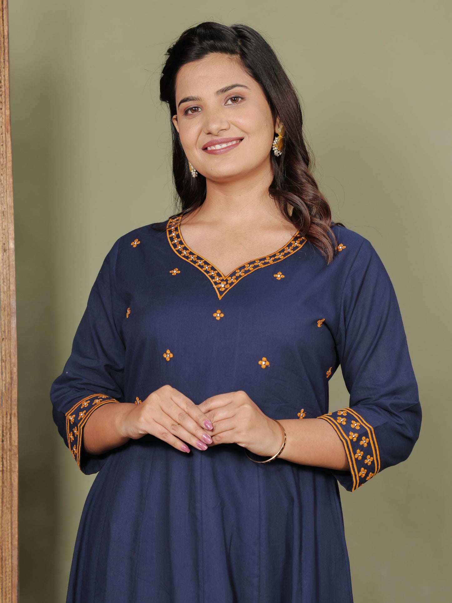 Embroidered Soft Cotton Solid Flared Blue Kurta