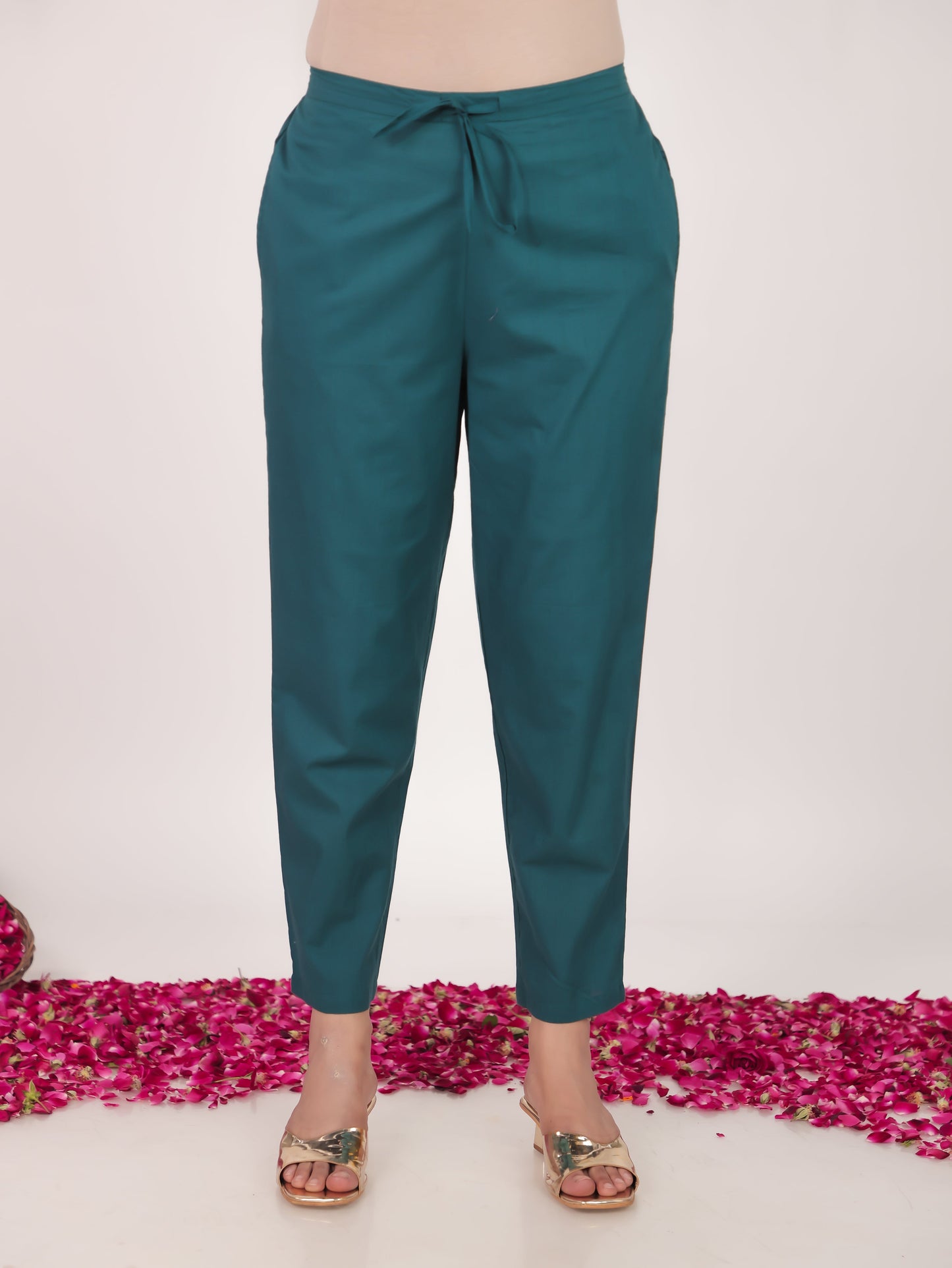 Soft Cotton Solid Green Tapered Trousers