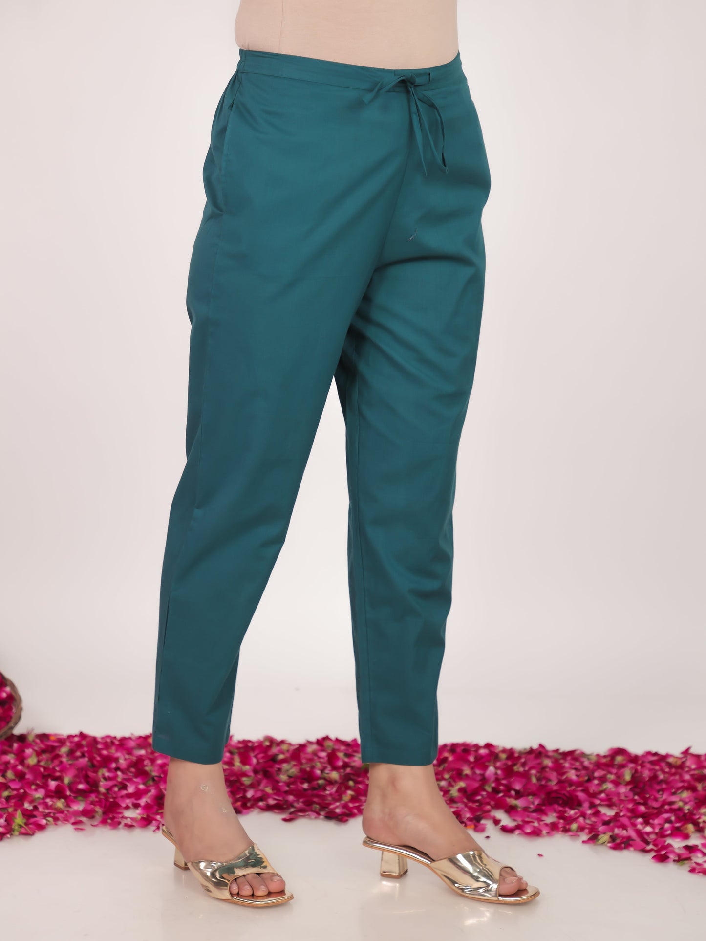 Soft Cotton Solid Green Tapered Trousers
