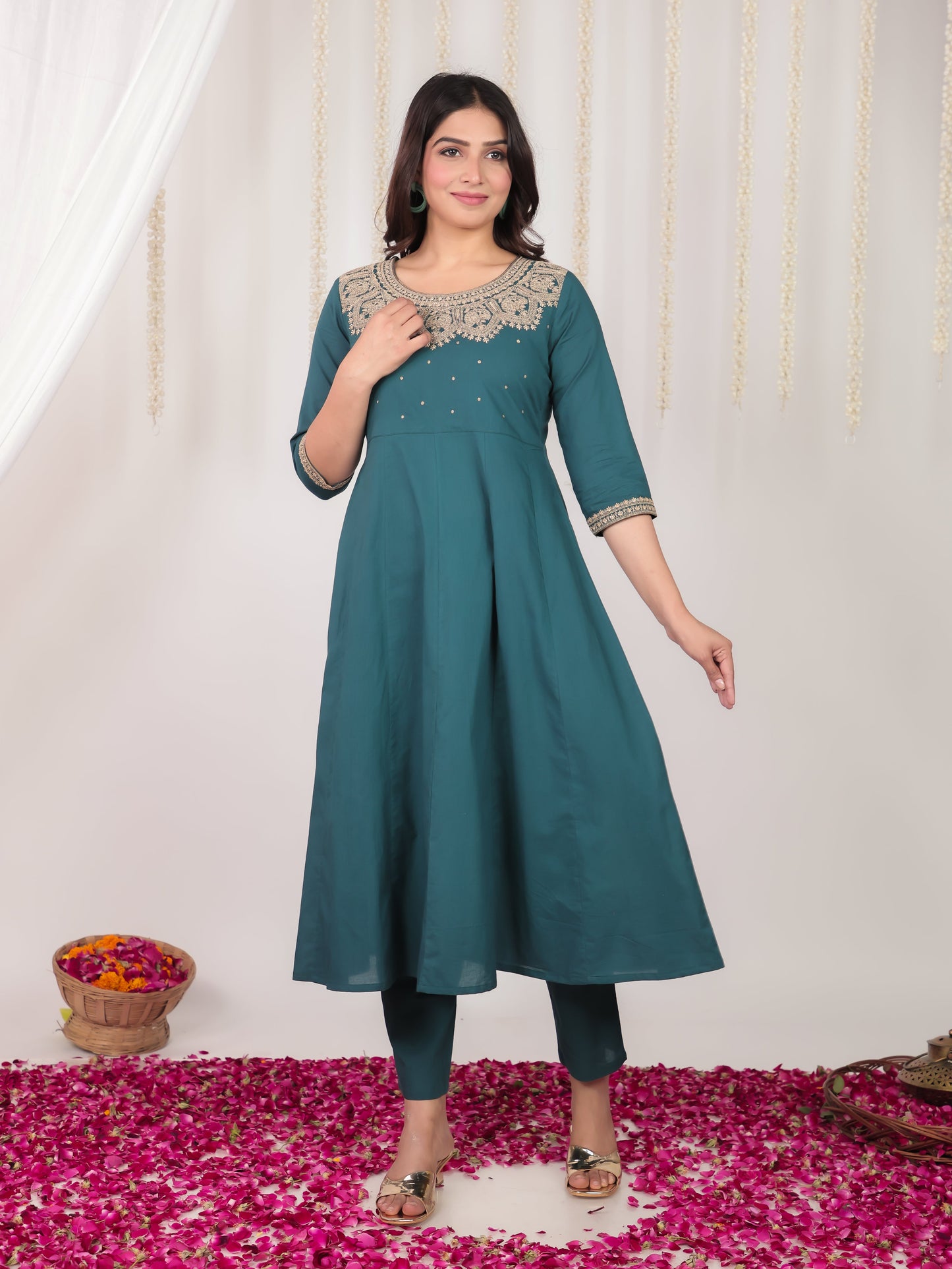 Embroidered Soft Cotton Solid Anarkali Green Kurta