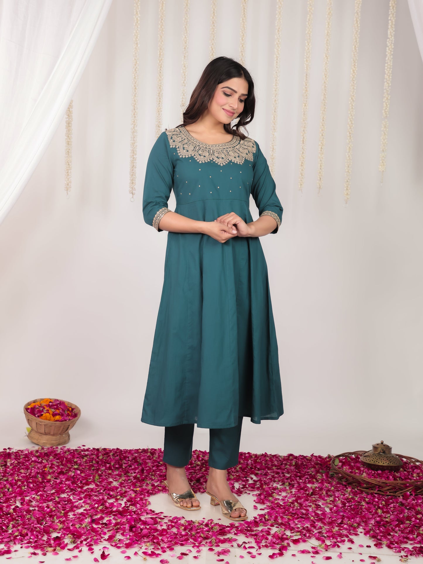 Embroidered Soft Cotton Solid Anarkali Green Kurta