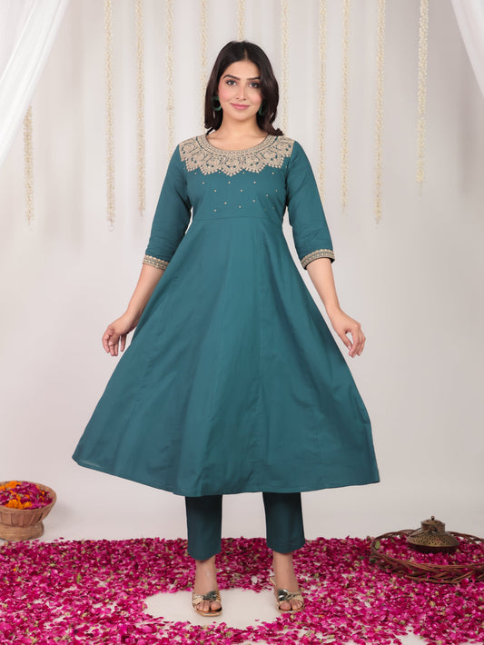 Embroidered Soft Cotton Solid Anarkali Green Kurta