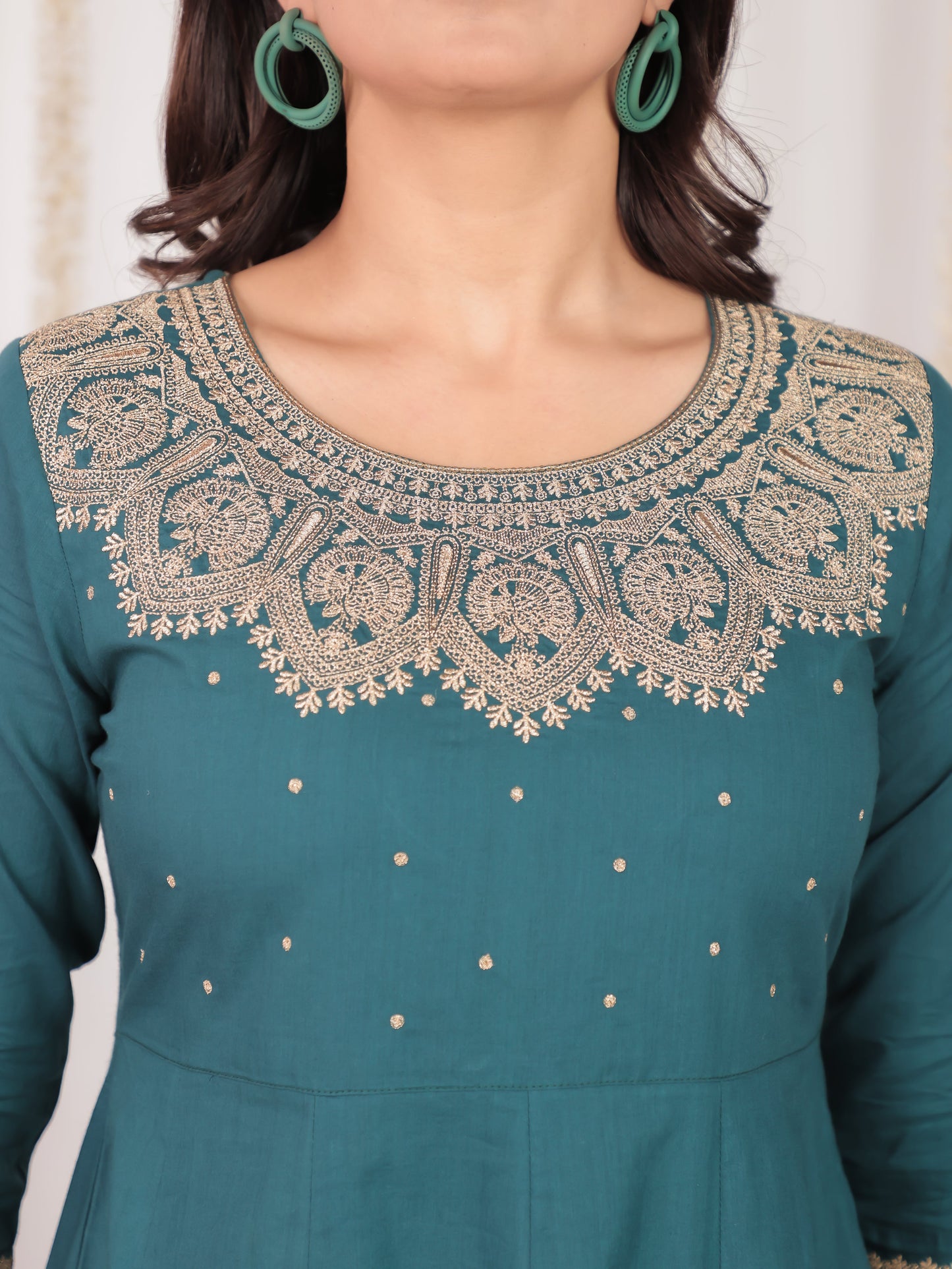Embroidered Soft Cotton Solid Anarkali Green Kurta
