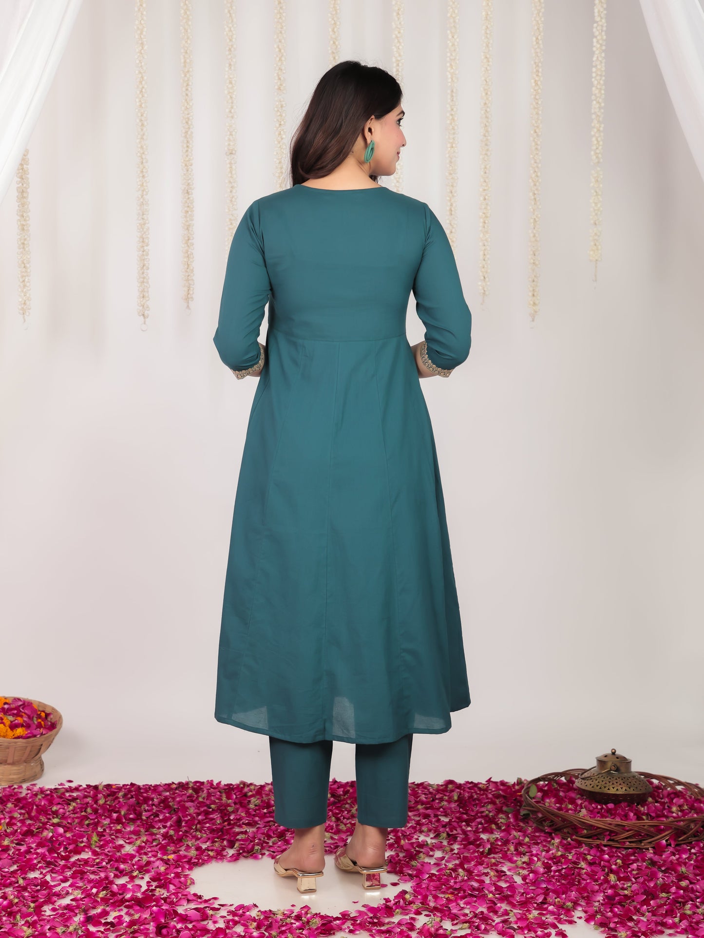 Embroidered Soft Cotton Solid Anarkali Green Kurta