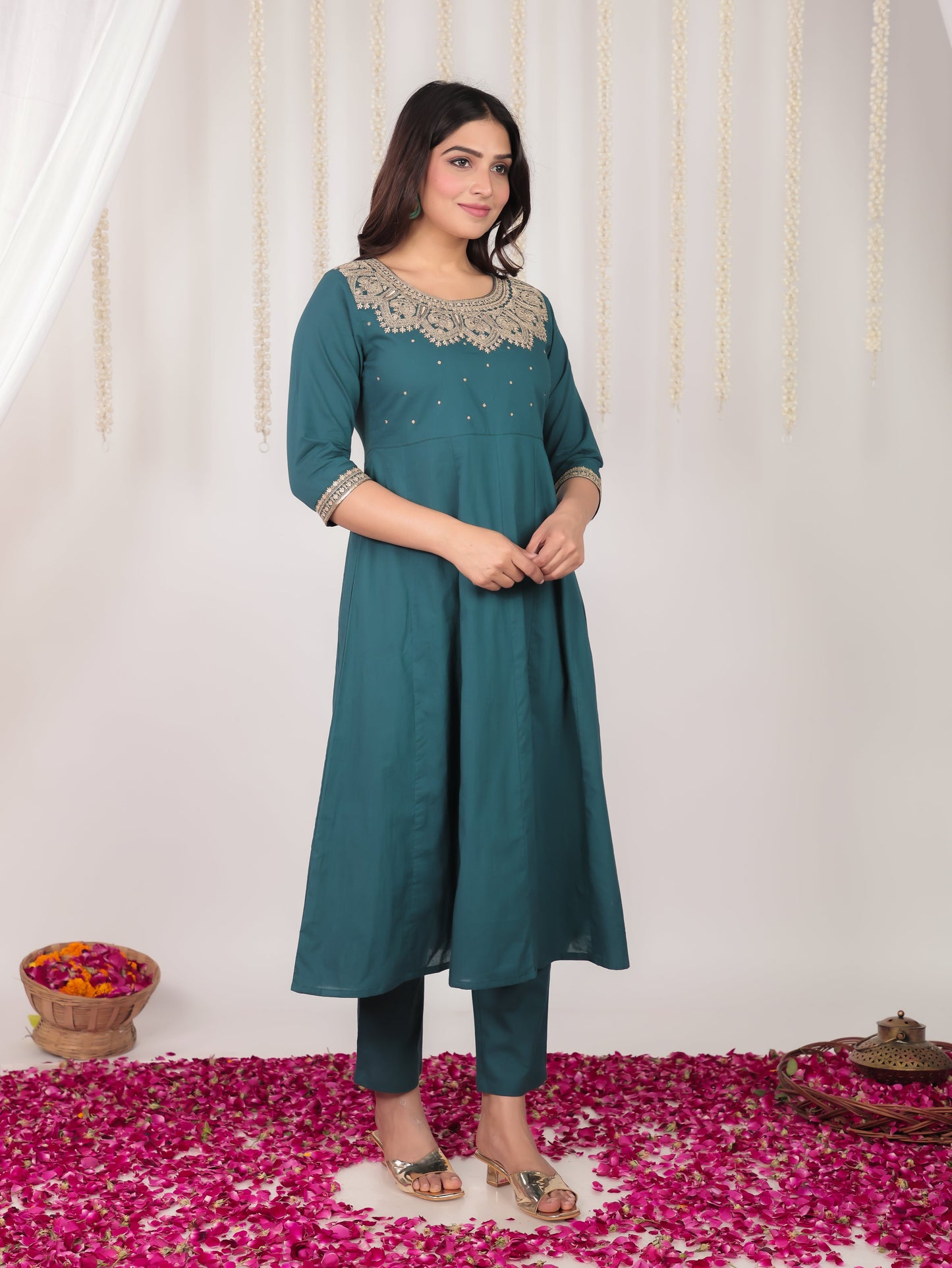 Embroidered Soft Cotton Solid Anarkali Green Kurta