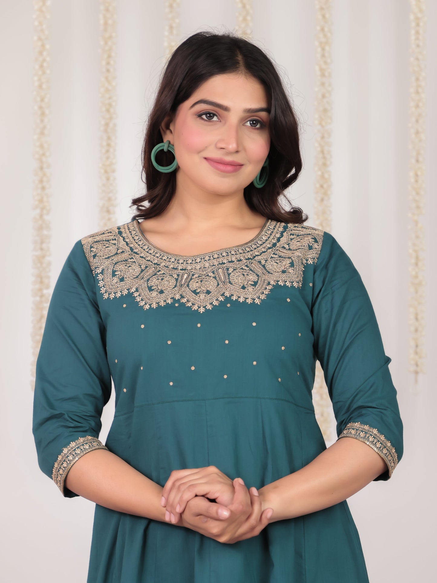 Embroidered Soft Cotton Solid Anarkali Green Kurta