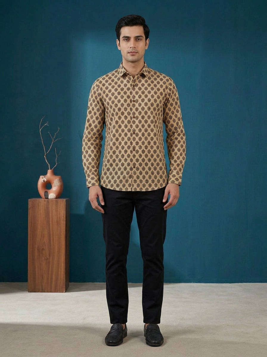 Soft Cotton Floral Straight Cream Shirt
