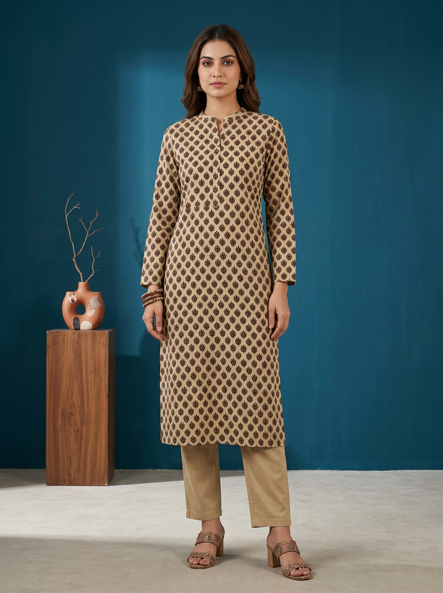 Soft Cotton Floral Straight Cream Kurta