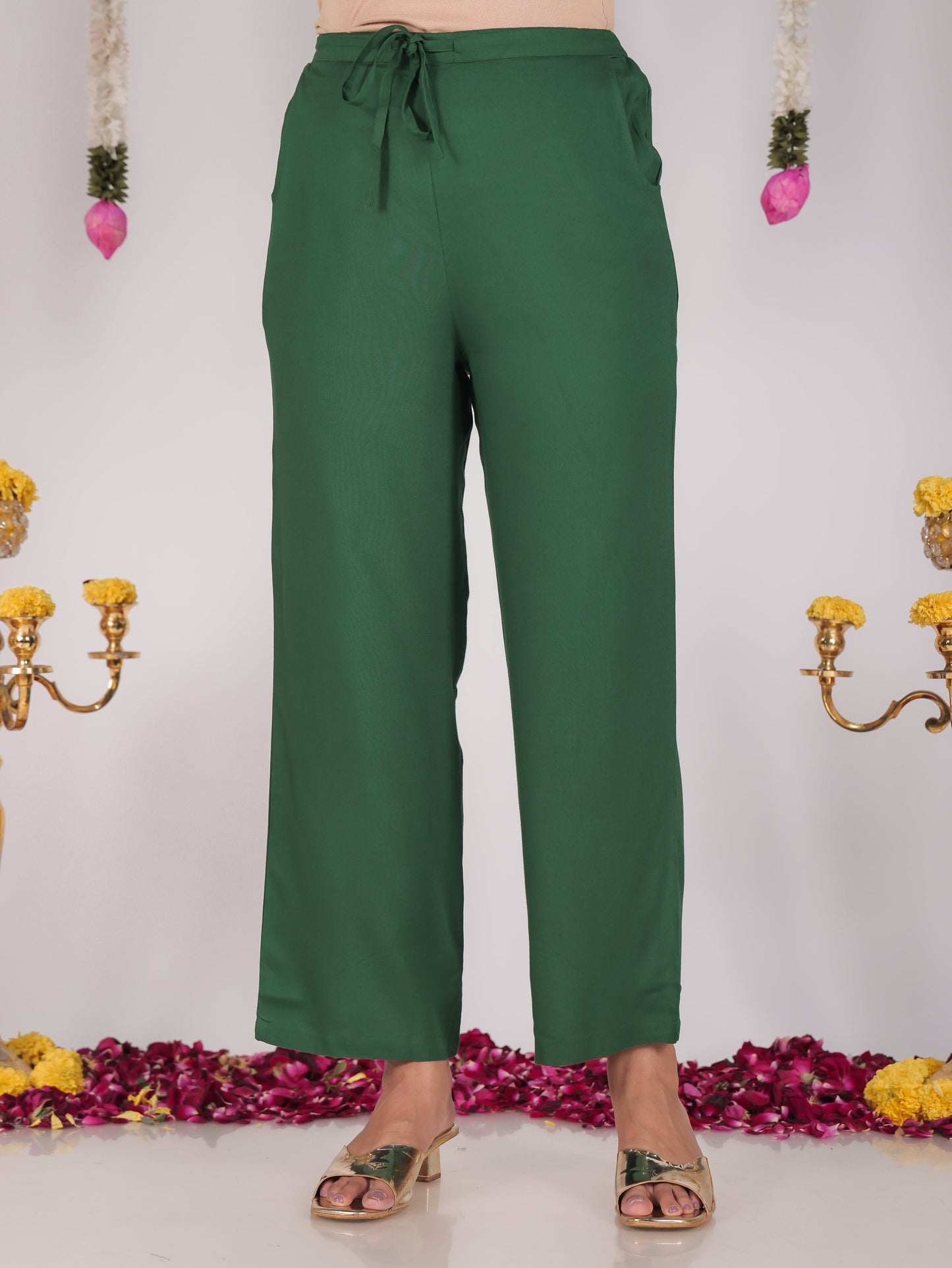 Viscose Solid Green Straight Trousers