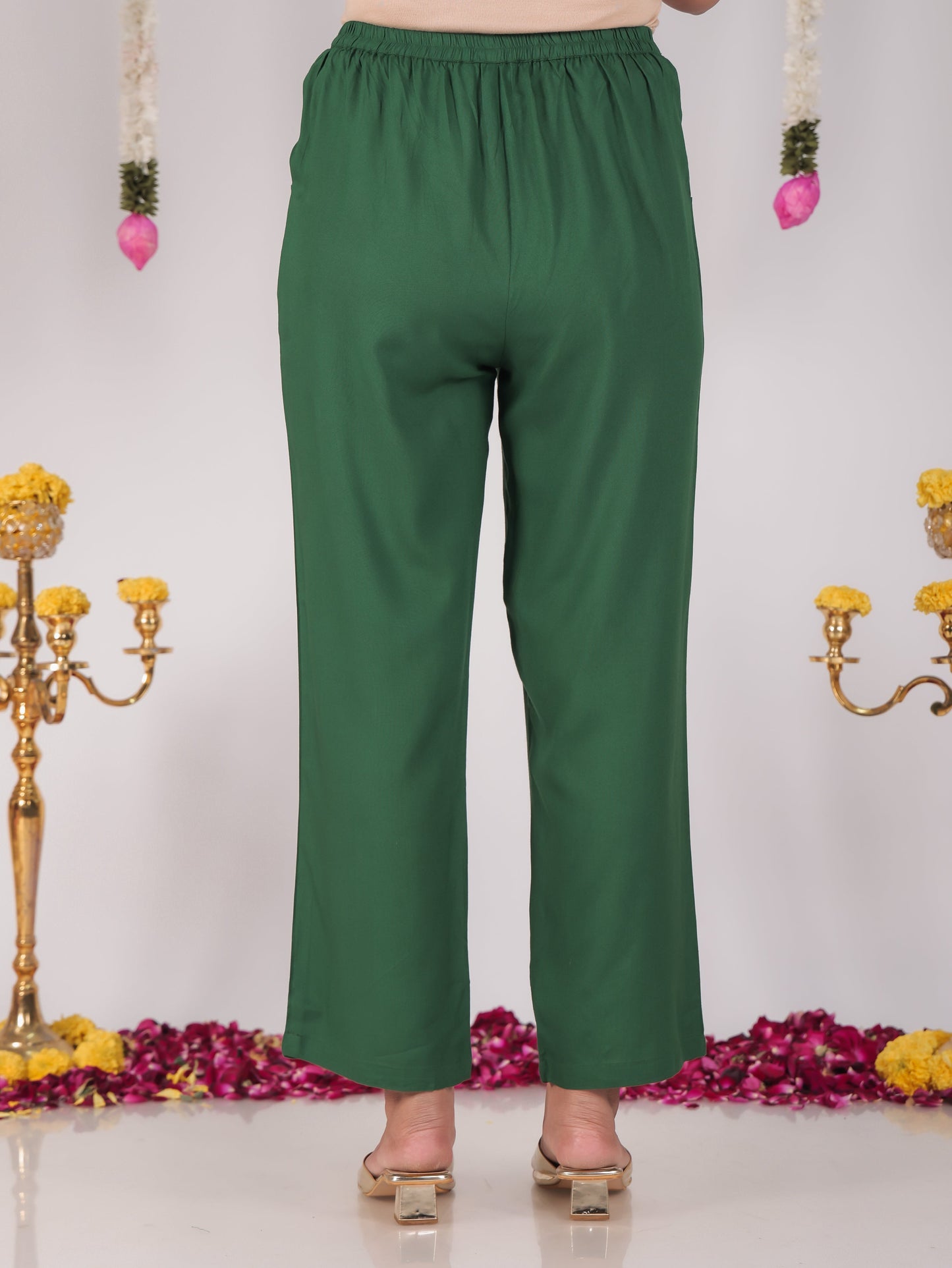 Viscose Solid Green Straight Trousers