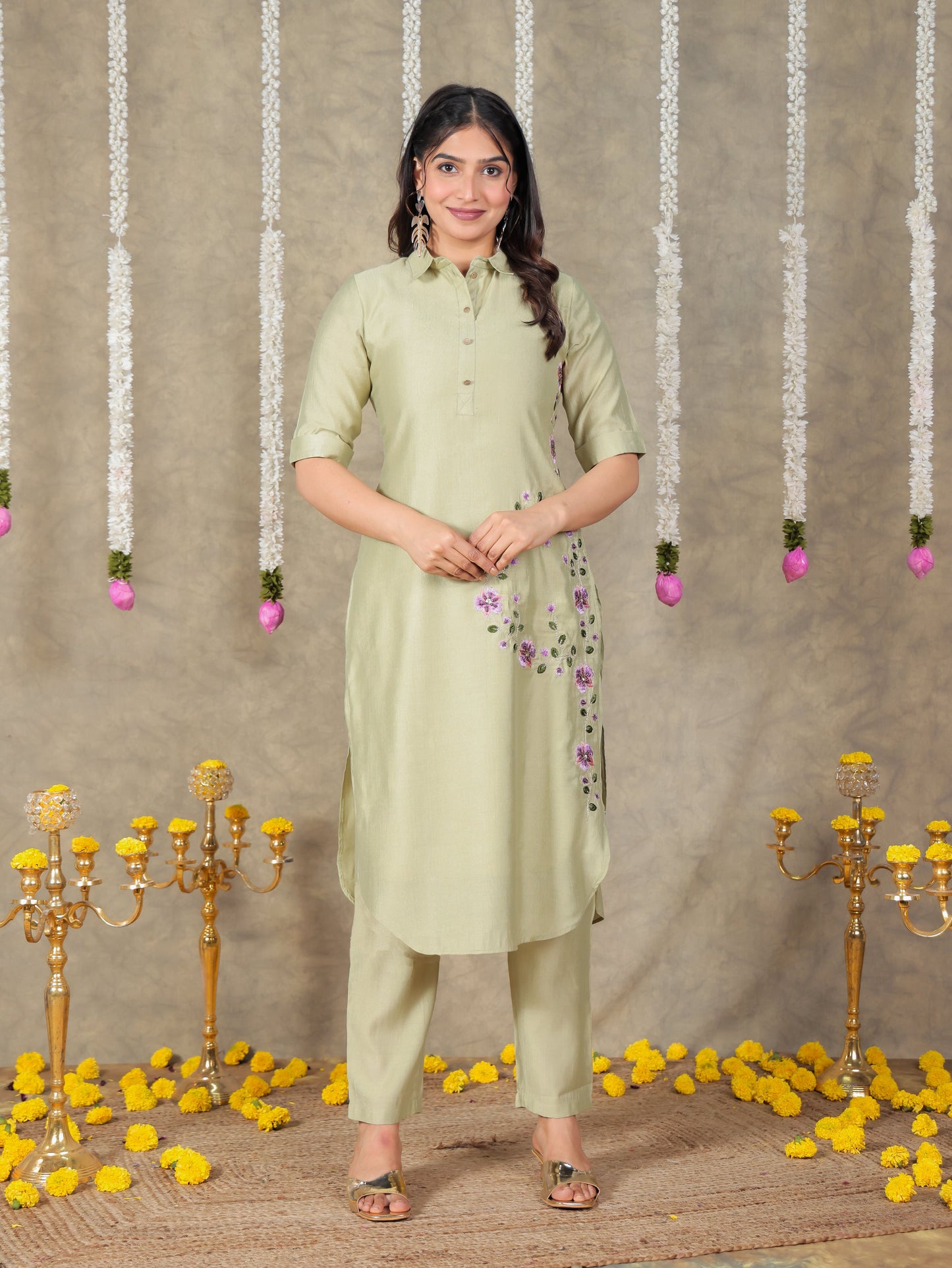 Embroidered Vertigan Solid Pathani Green Kurta
