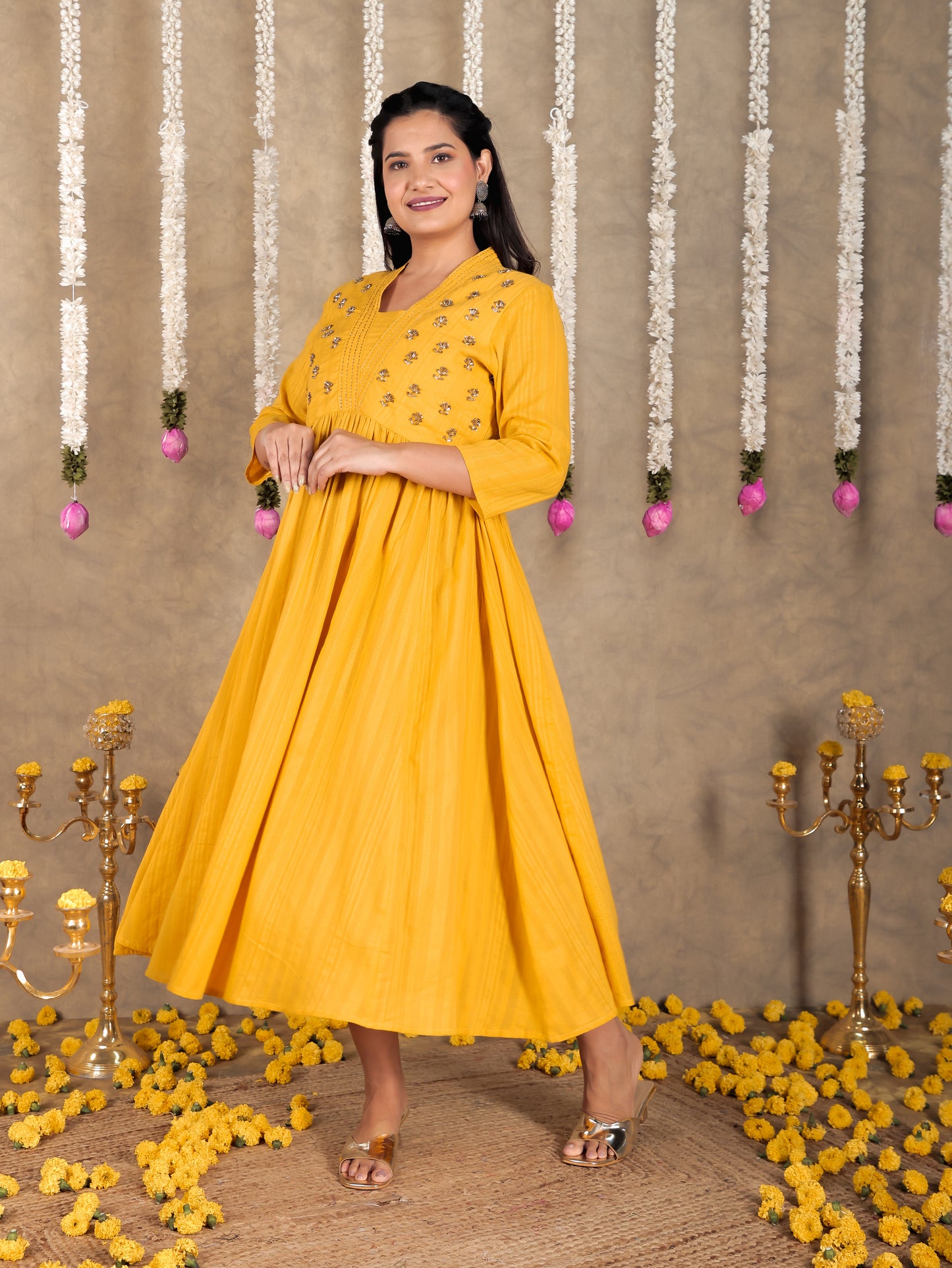 Embroidered Cotton Dobby Solid Gathered Yellow Dress