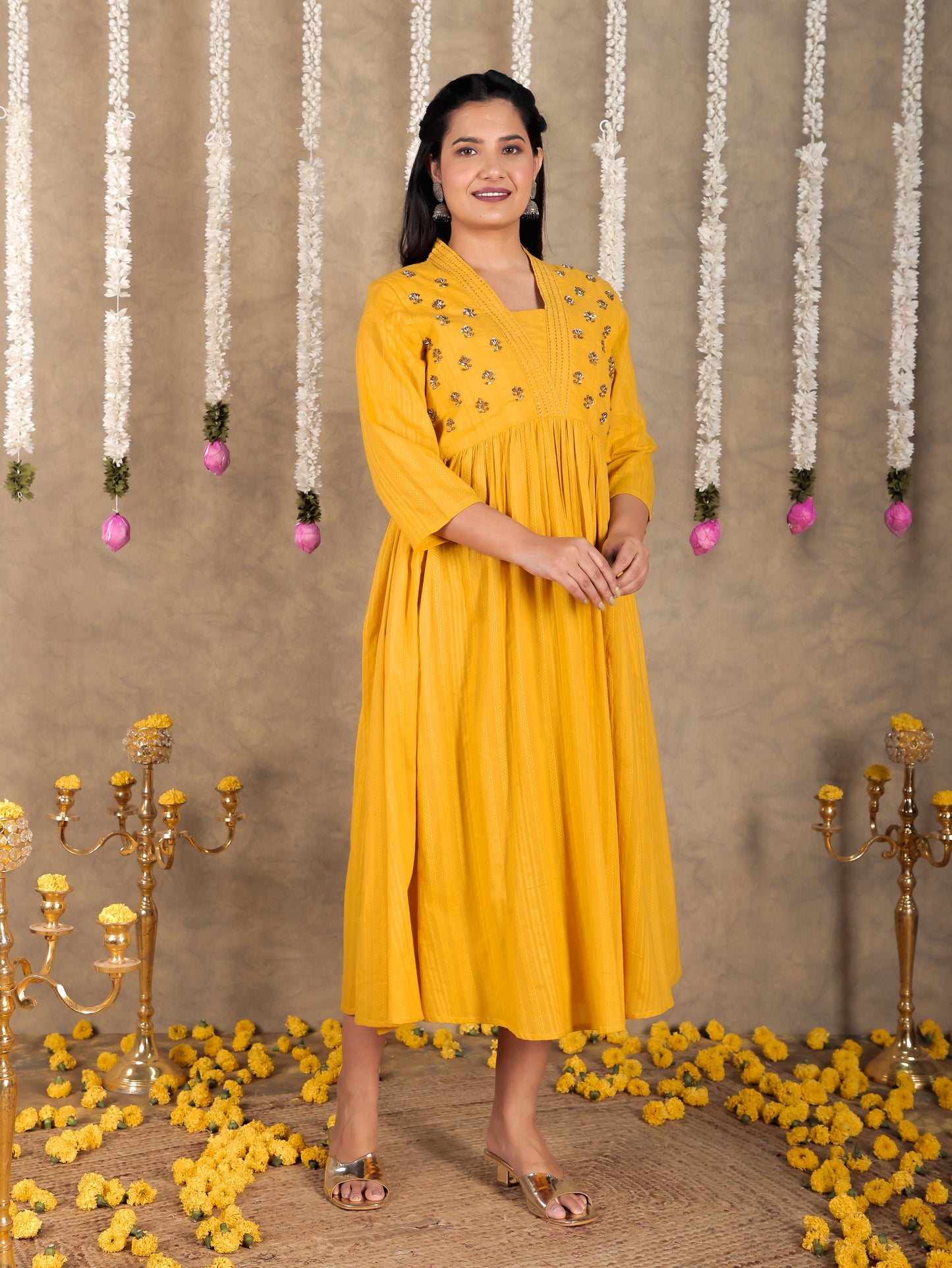 Embroidered Cotton Dobby Solid Gathered Yellow Dress