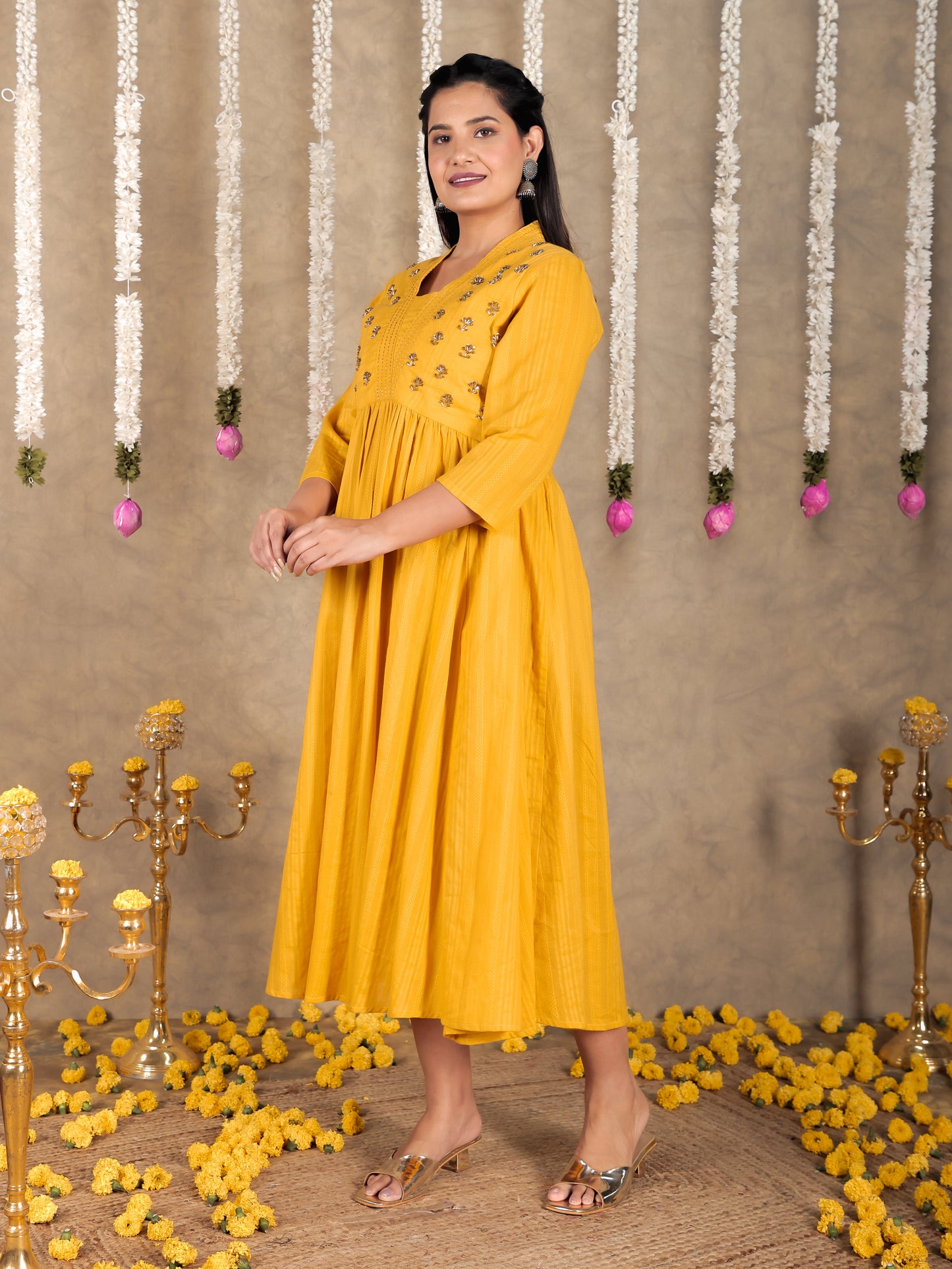 Embroidered Cotton Dobby Solid Gathered Yellow Dress
