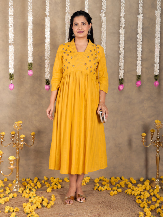 Embroidered Cotton Dobby Solid Gathered Yellow Dress