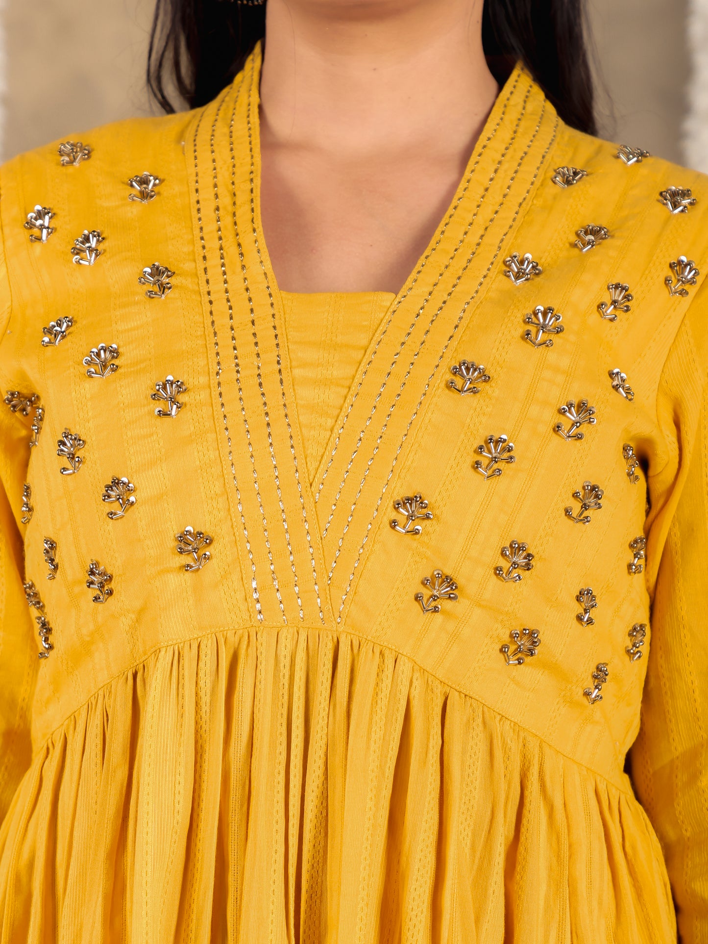 Embroidered Cotton Dobby Solid Gathered Yellow Dress