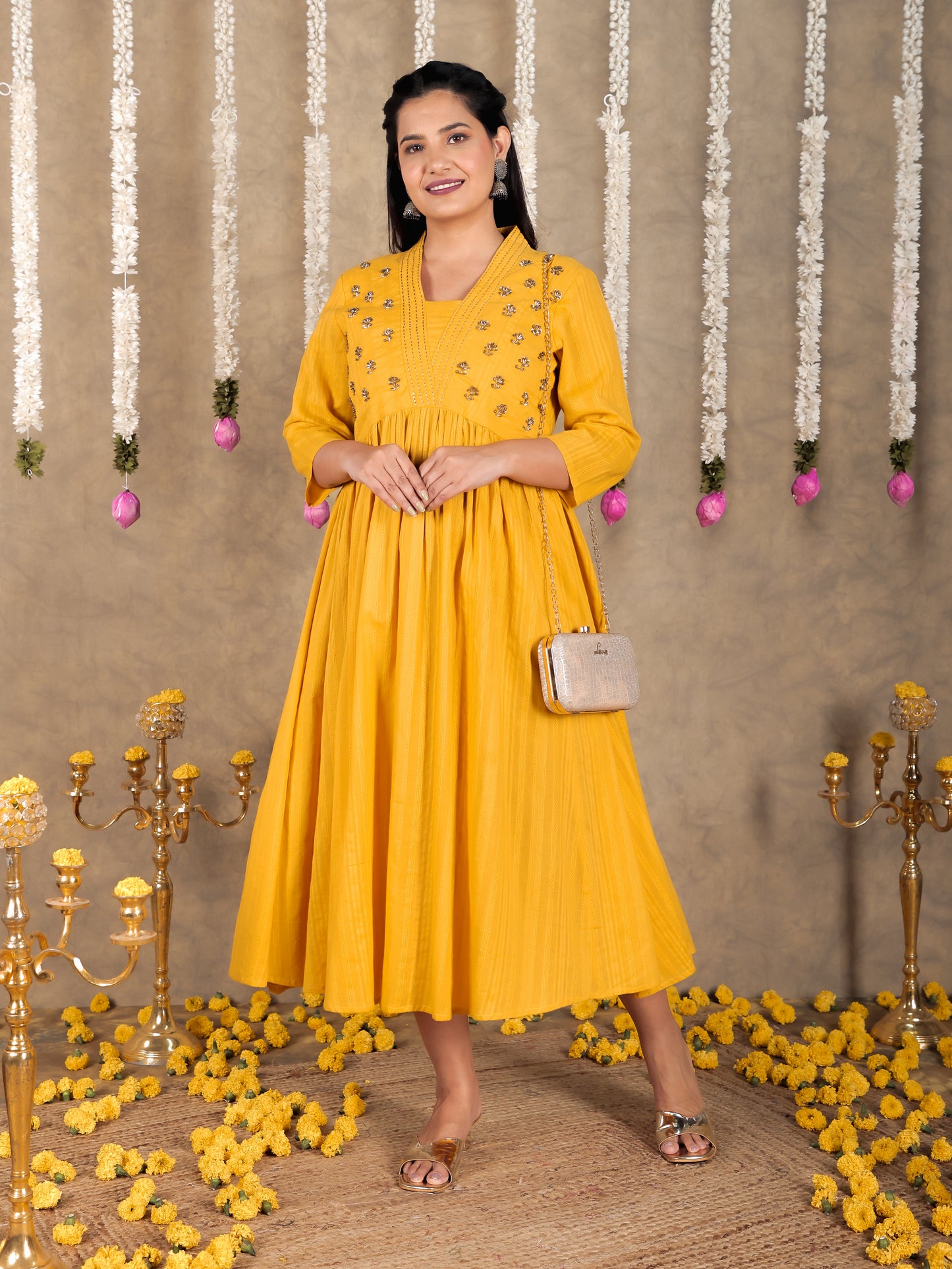Embroidered Cotton Dobby Solid Gathered Yellow Dress