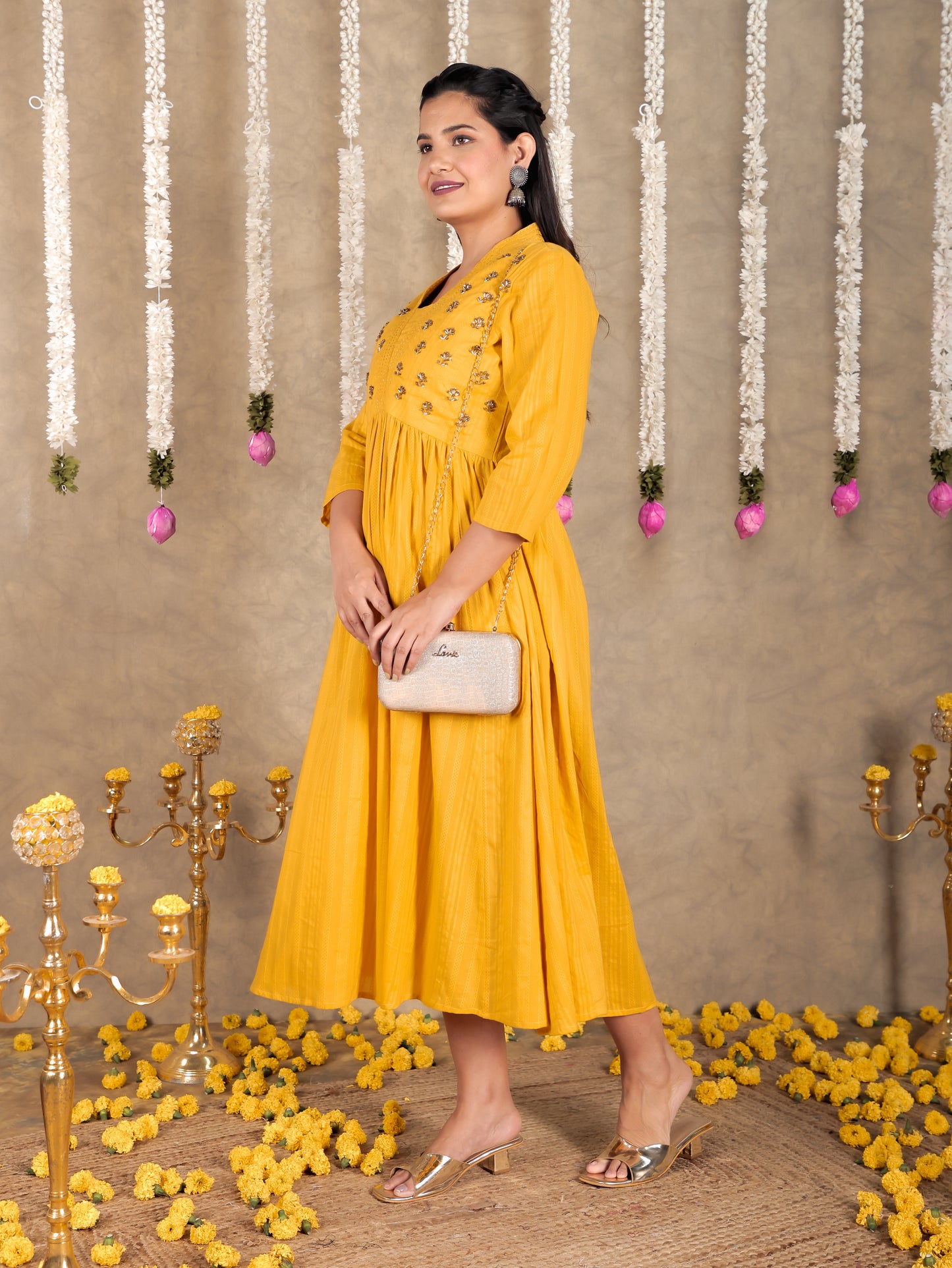 Embroidered Cotton Dobby Solid Gathered Yellow Dress
