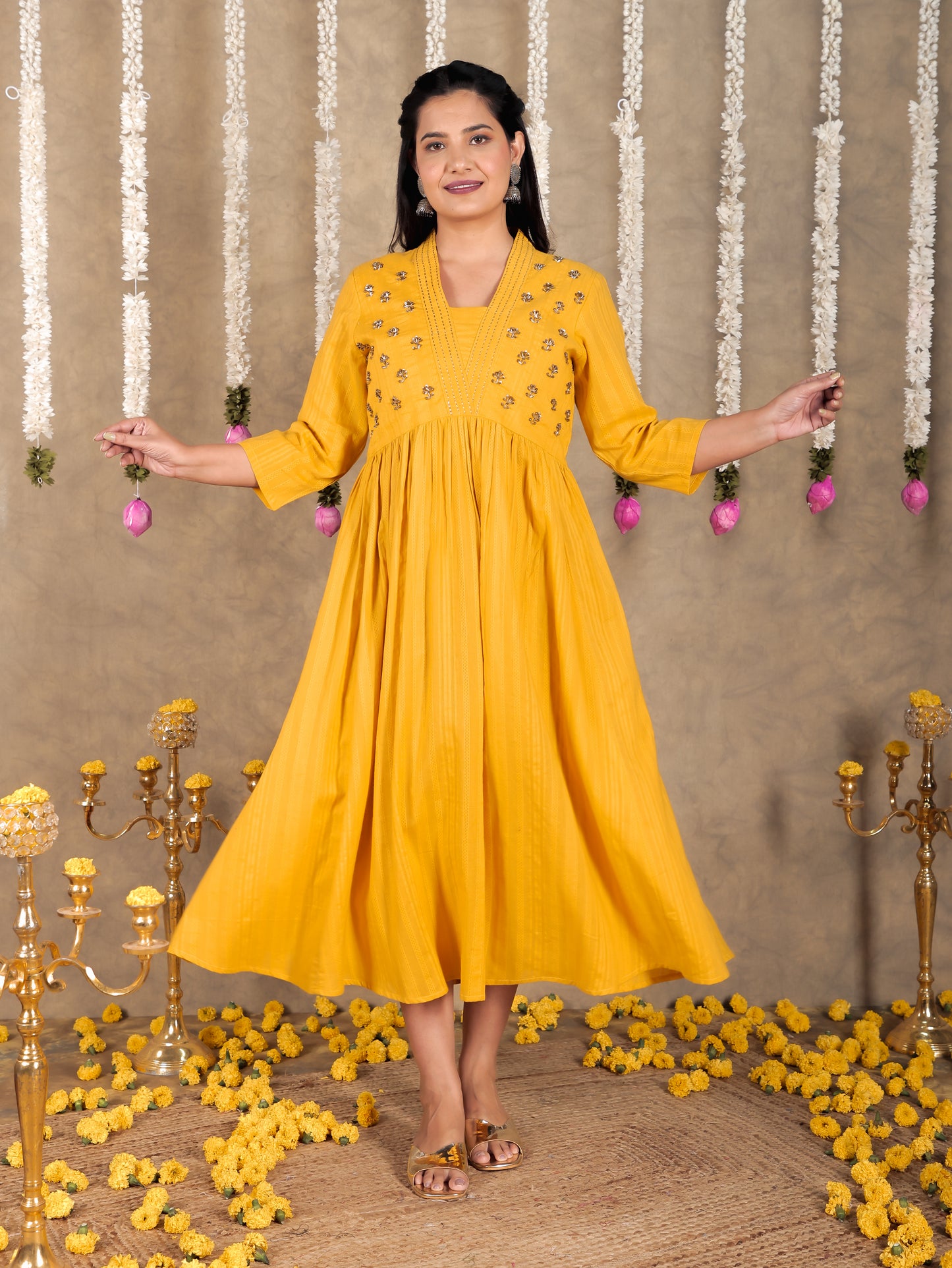 Embroidered Cotton Dobby Solid Gathered Yellow Dress