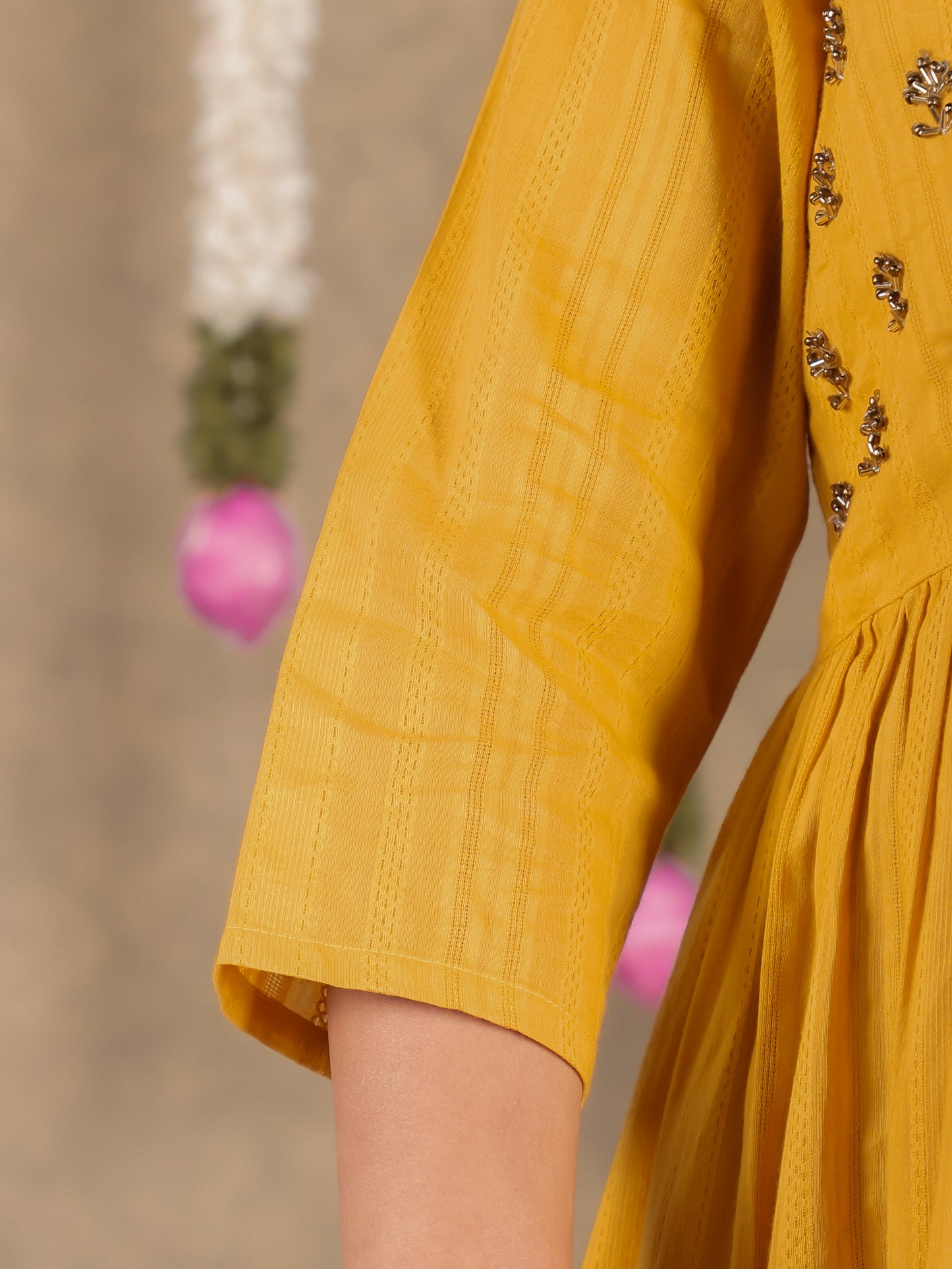 Embroidered Cotton Dobby Solid Gathered Yellow Dress