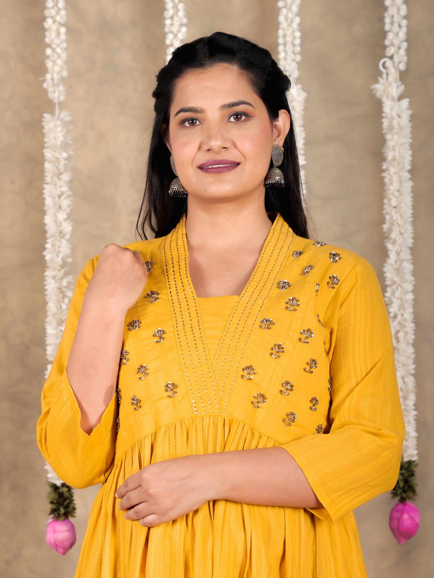 Embroidered Cotton Dobby Solid Gathered Yellow Dress