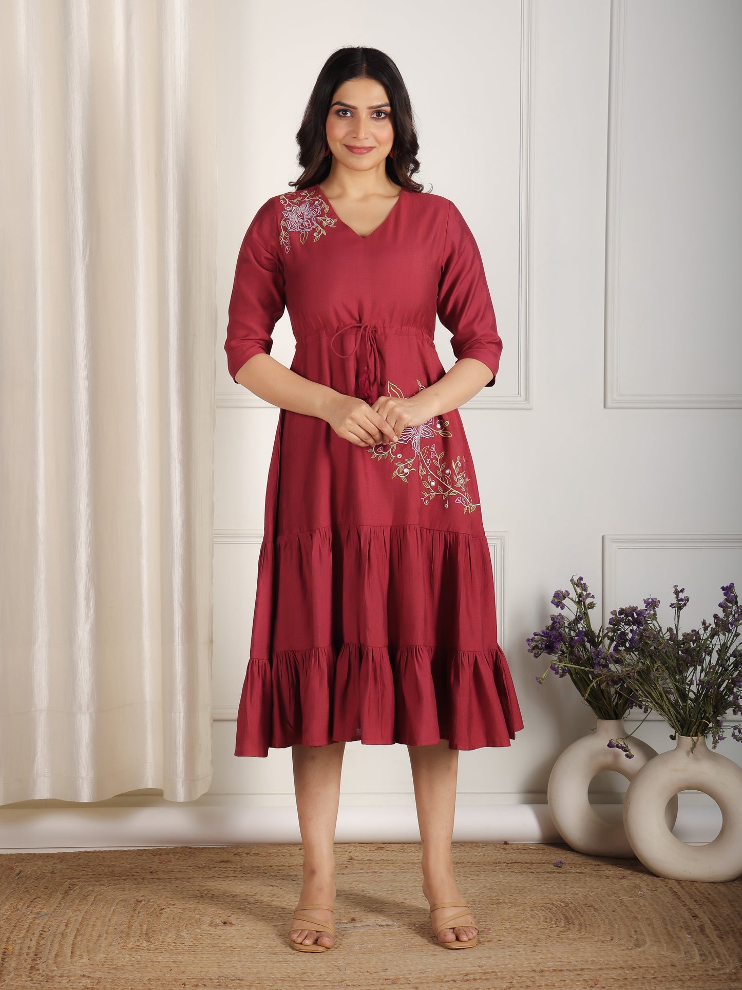 Embroidered Blend Cotton Solid Anarkali Maroon Dress