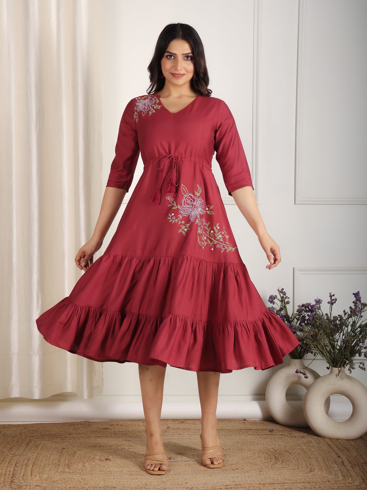 Embroidered Blend Cotton Solid Anarkali Maroon Dress