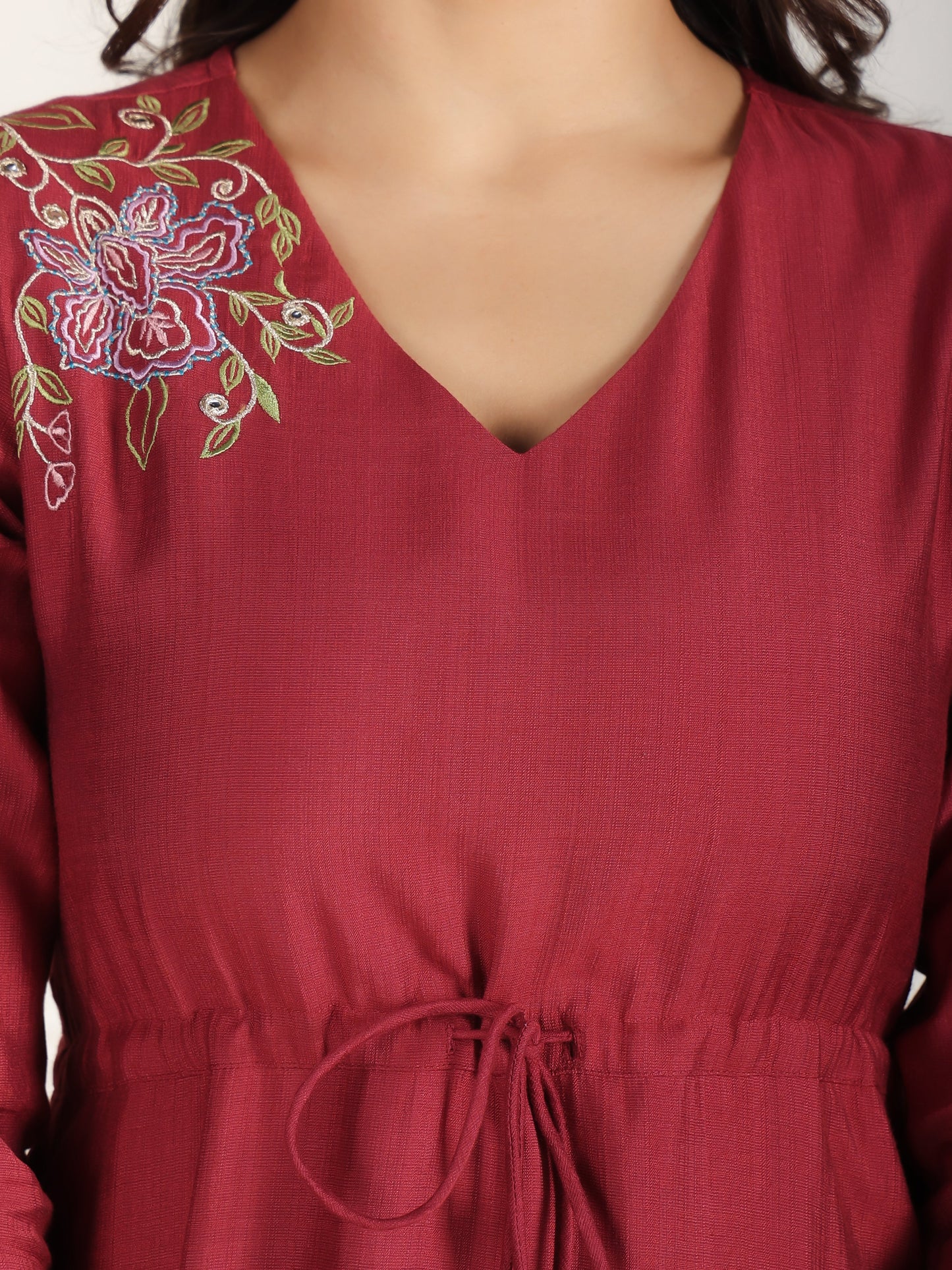 Embroidered Blend Cotton Solid Anarkali Maroon Dress