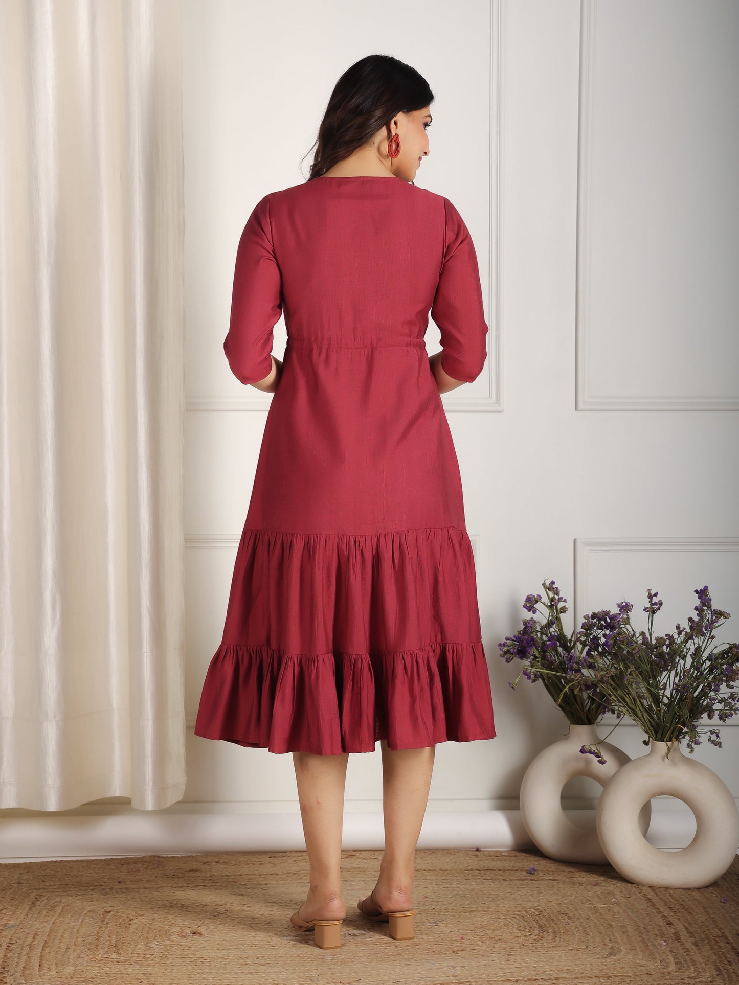 Embroidered Blend Cotton Solid Anarkali Maroon Dress